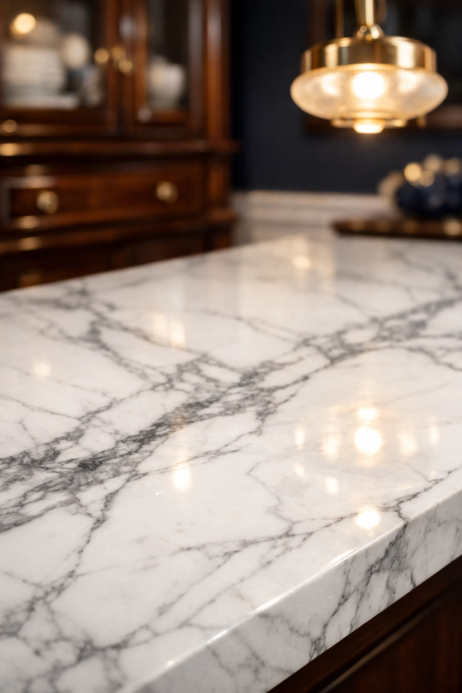 Polished white marble countertop in a luxury Dover home showcasing expert residential cleaning Massachusetts.