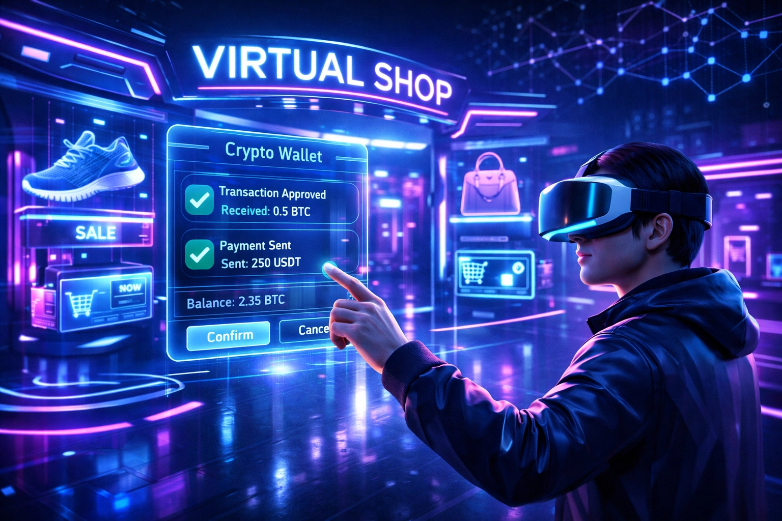 Customer avatar interacting with crypto wallet interface in virtual reality metaverse storefront