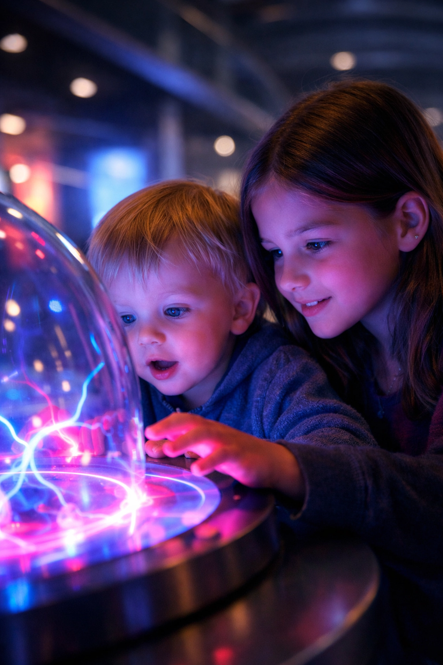 Kids exploring an interactive glowing exhibit at a science museum, a top indoor family travel activity.