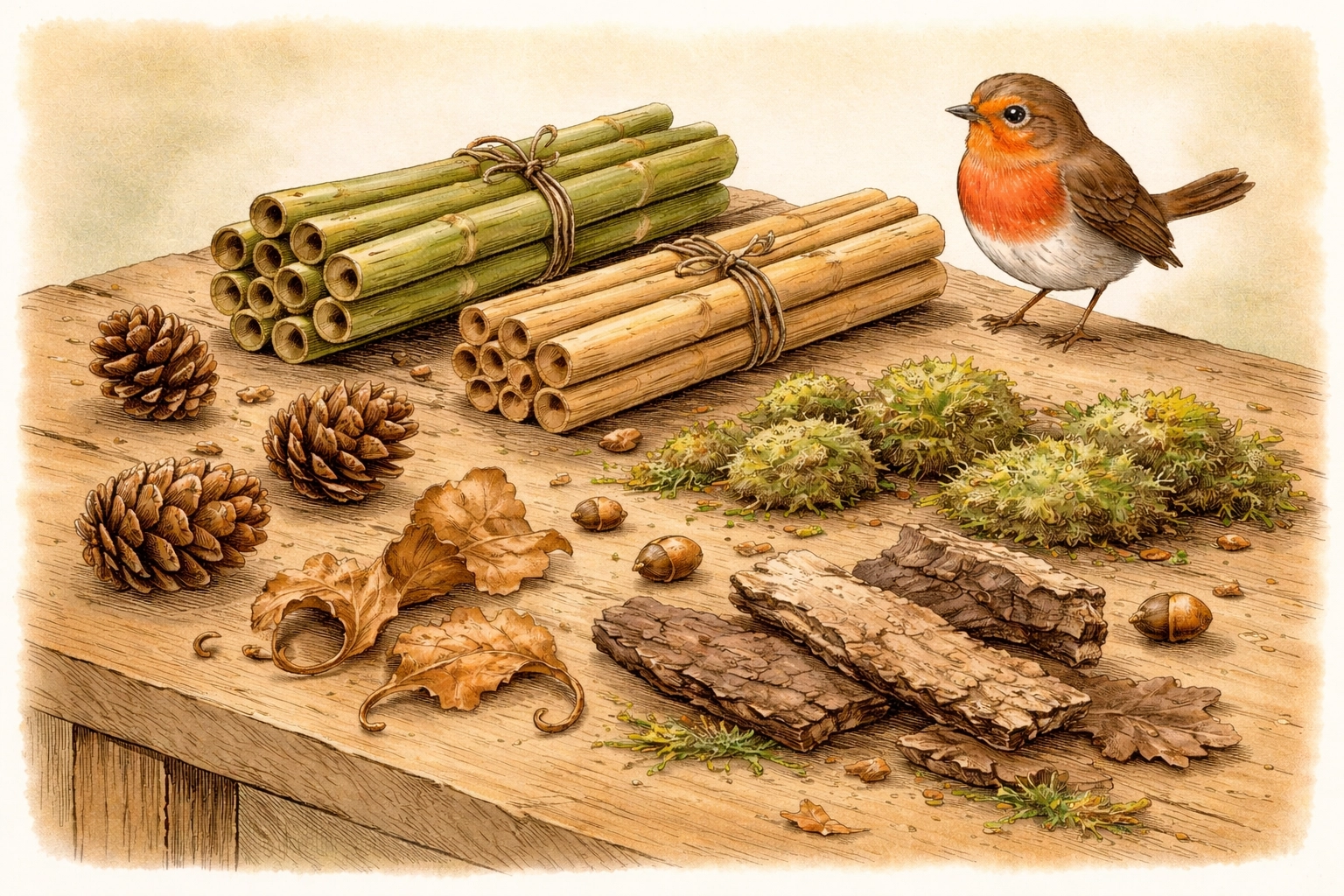 Natural materials for bug hotel like bamboo, pine cones, and bark on table, ideal for garden insect habitats
