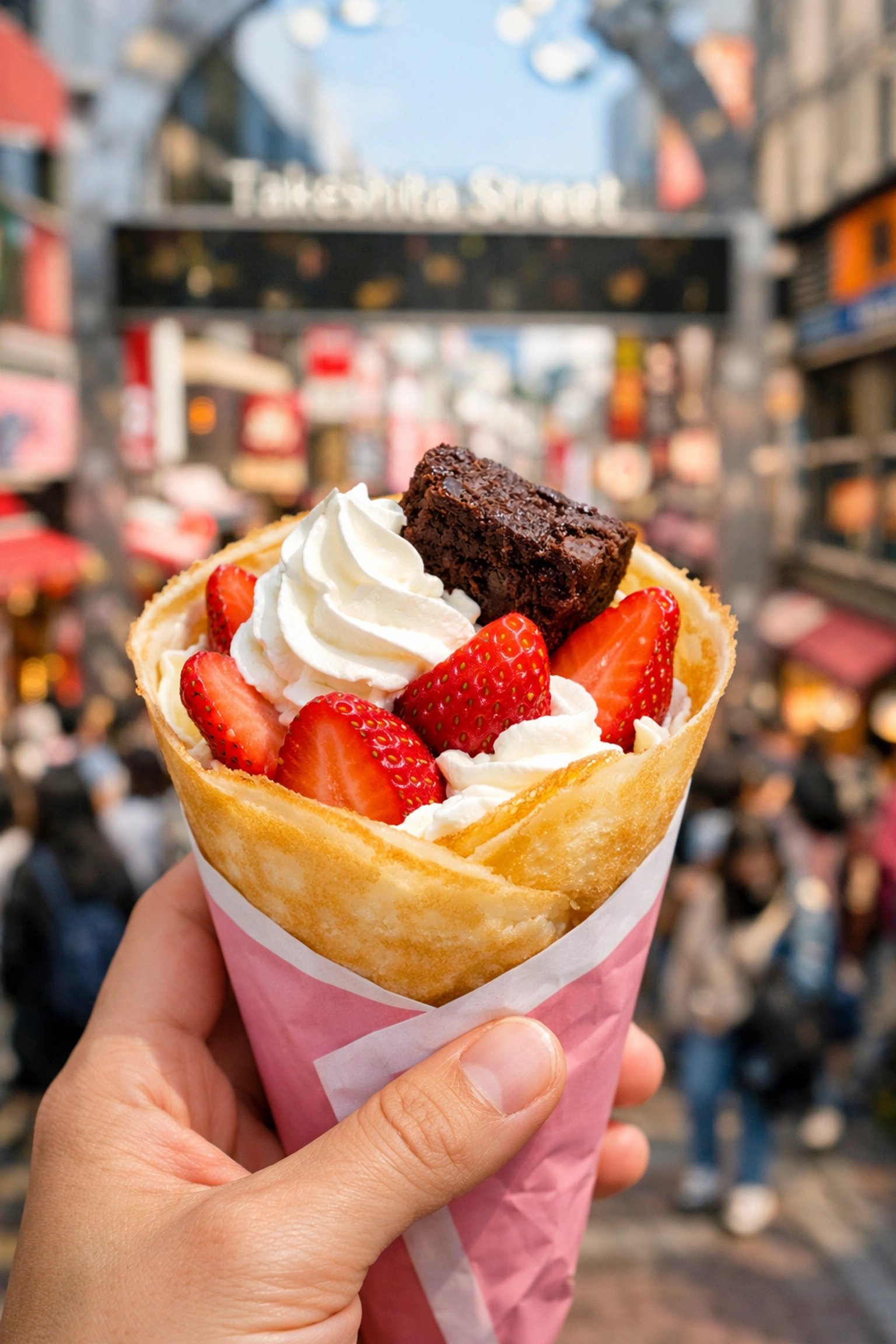 Fresh strawberry and cream Japanese crepe at Marion Crepes on Takeshita Street in Harajuku.