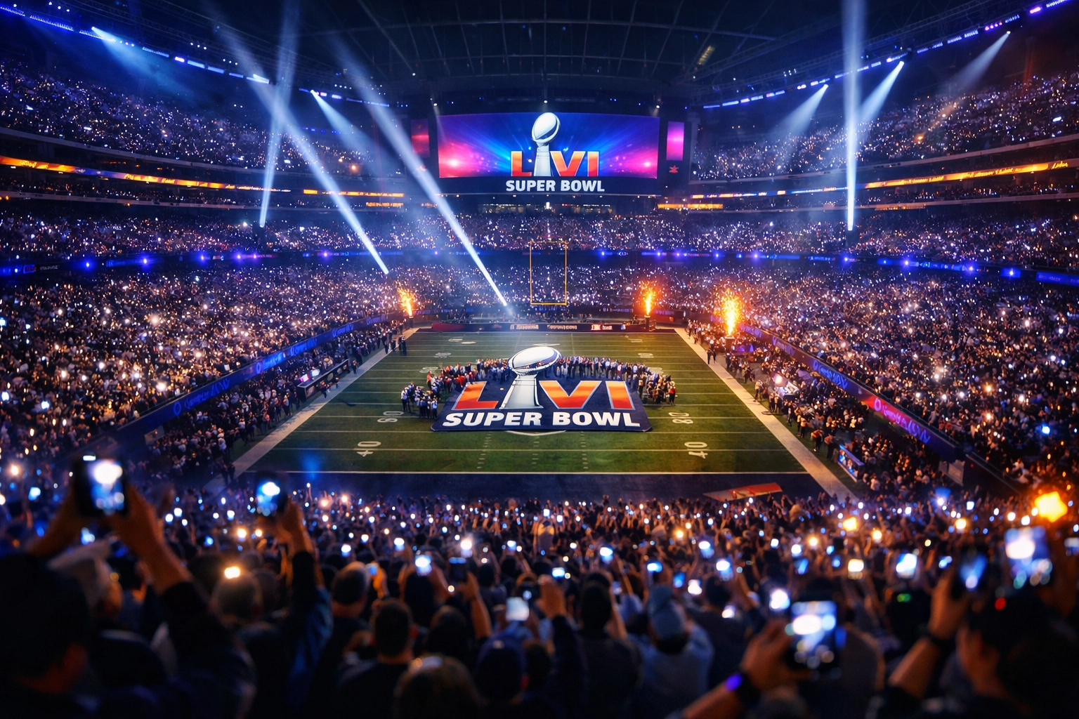 Super Bowl stadium crowd of 20,000 fans holding smartphones creating massive NIL network effect