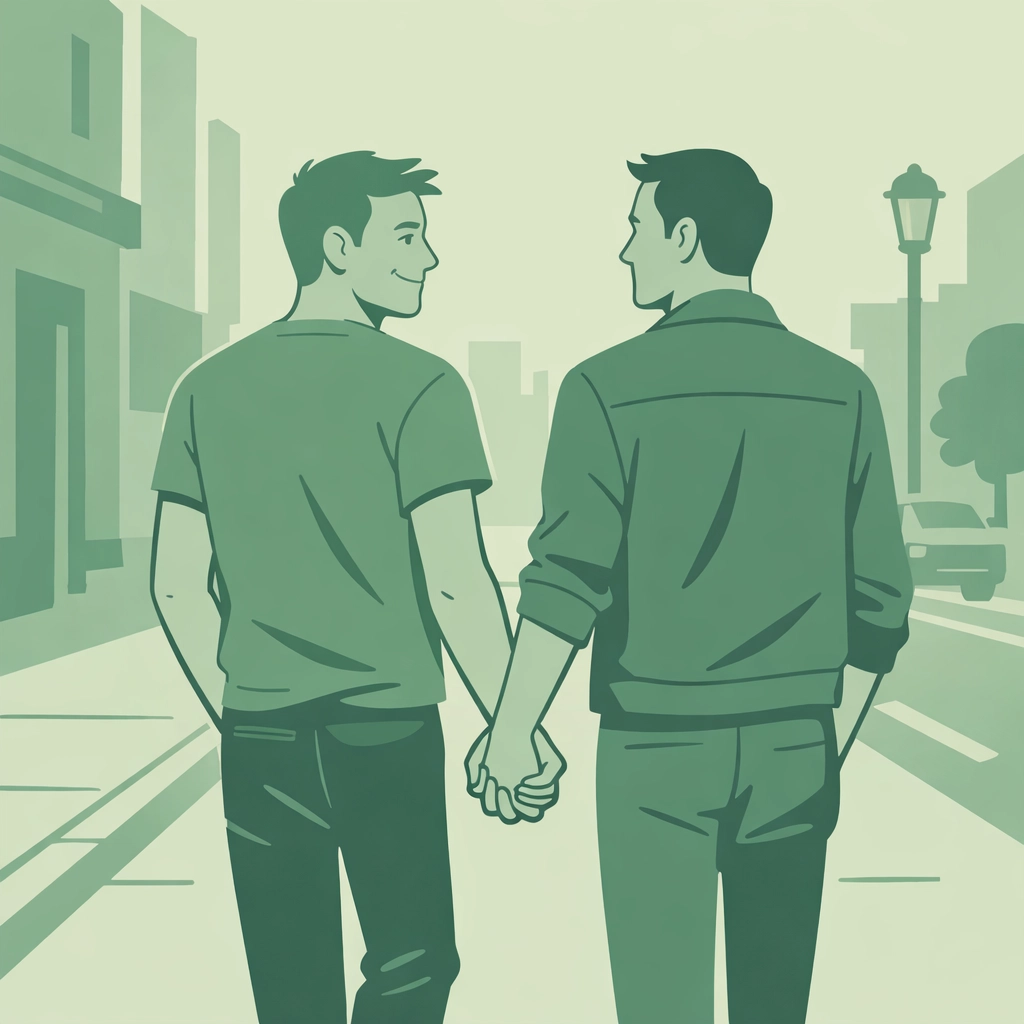 Two men holding hands walking together - bisexual coming out courage and freedom