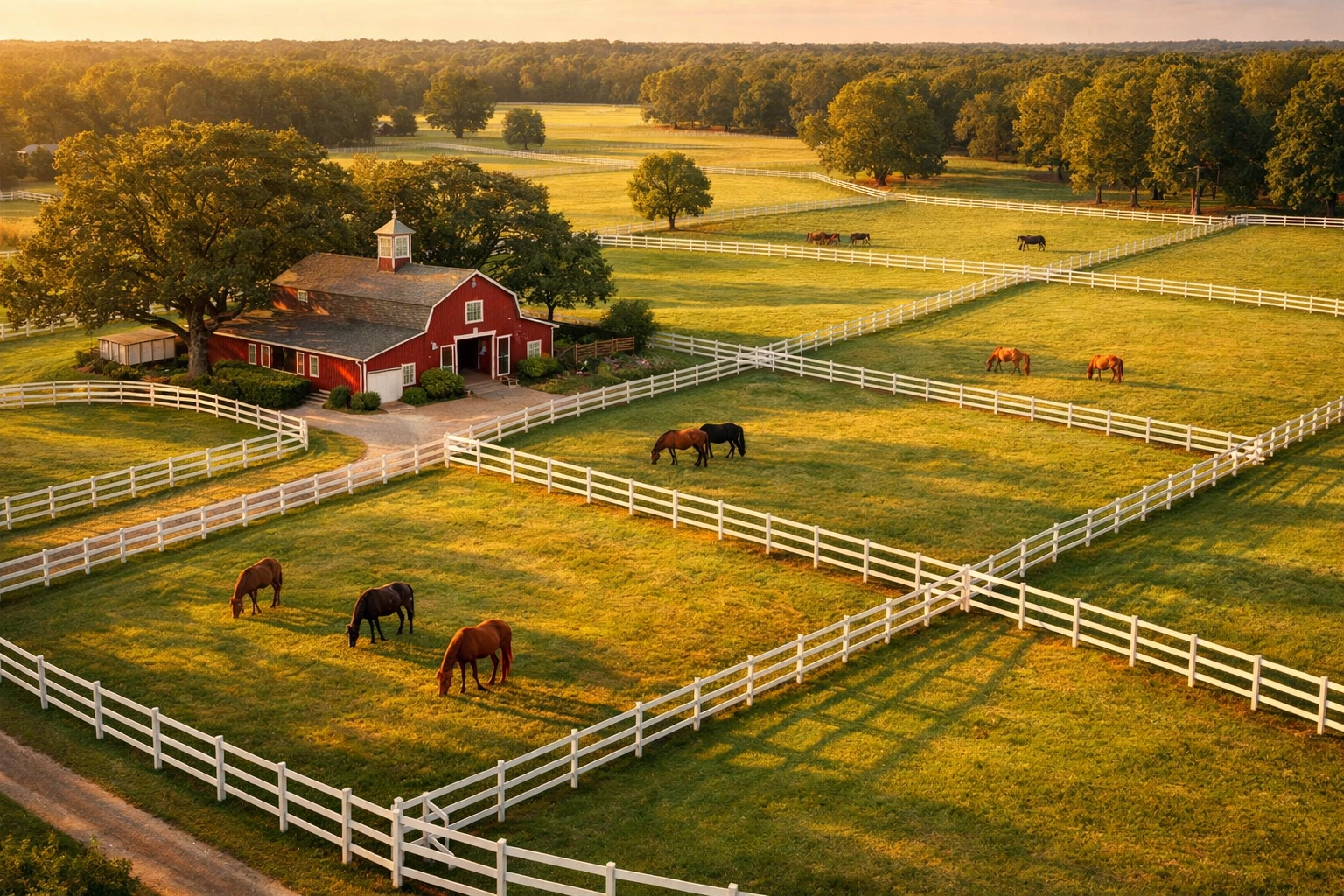 Aerial view of Waxhaw horse farm with white fencing, barn, and horses grazing in multiple pastures