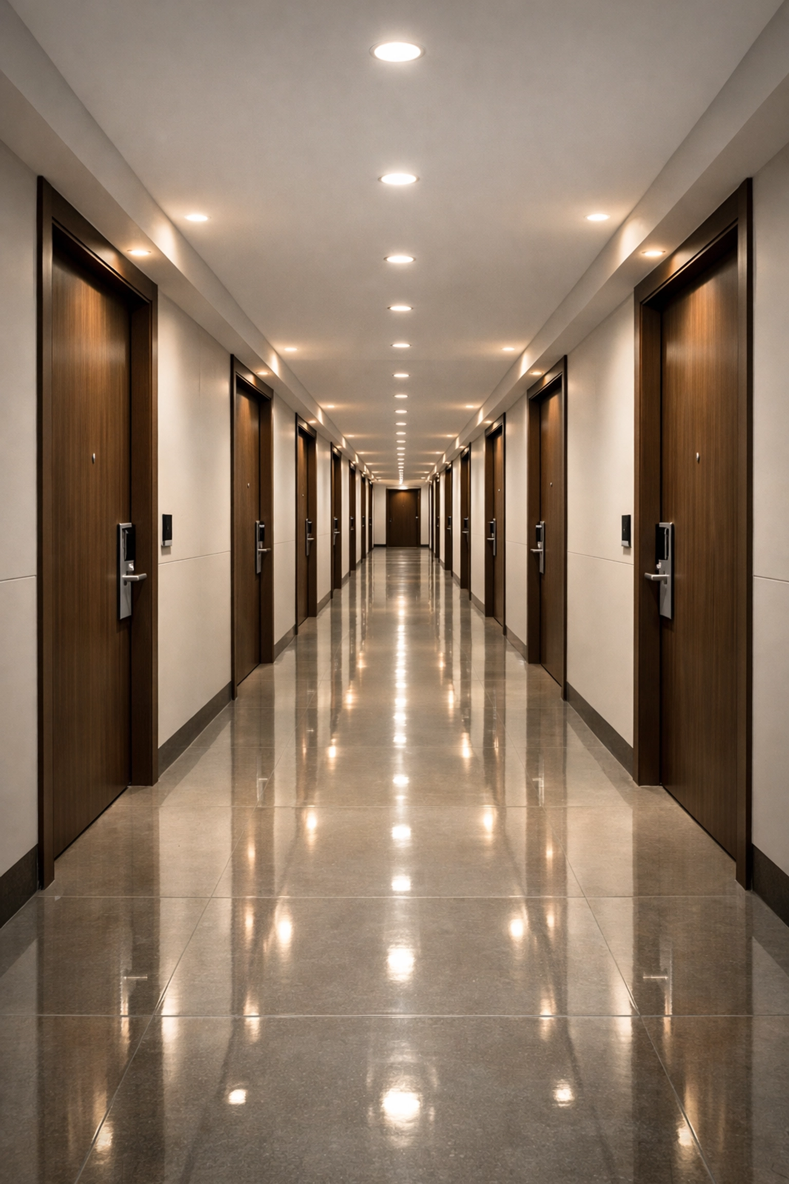 Polished hallway in a multifamily building ready for a property manager's final move-out inspection.