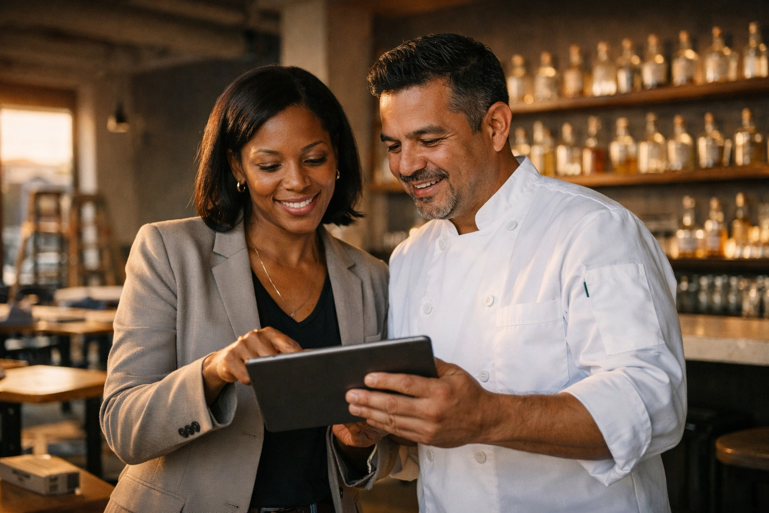 Restaurant consultant and Latino chef collaborating on a feasibility plan in a new high-end Peninsula restaurant.