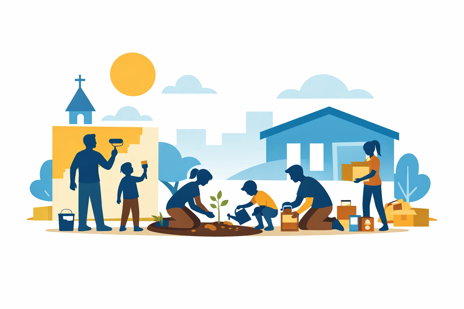 Church members working together on community service project with unified mission