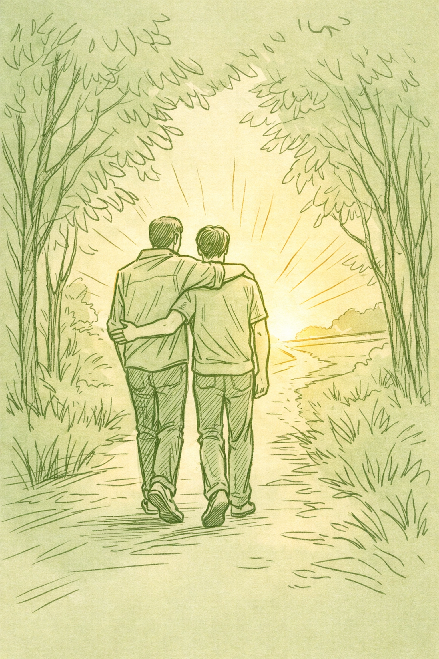 Two men walking together into hopeful future after leaving Mormon missionary life