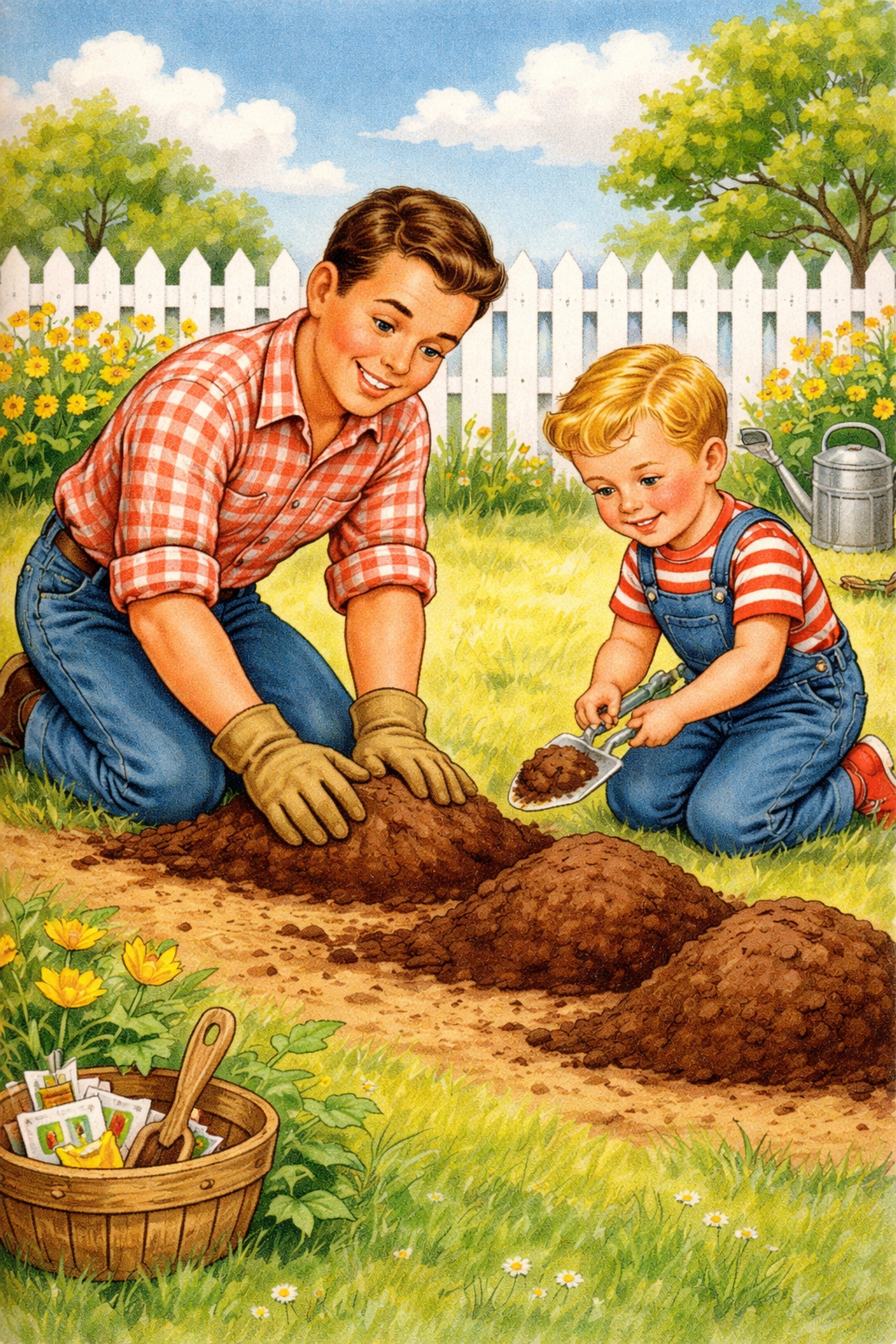Parent and child creating soil mounds for planting a Three Sisters garden in a bright backyard scene