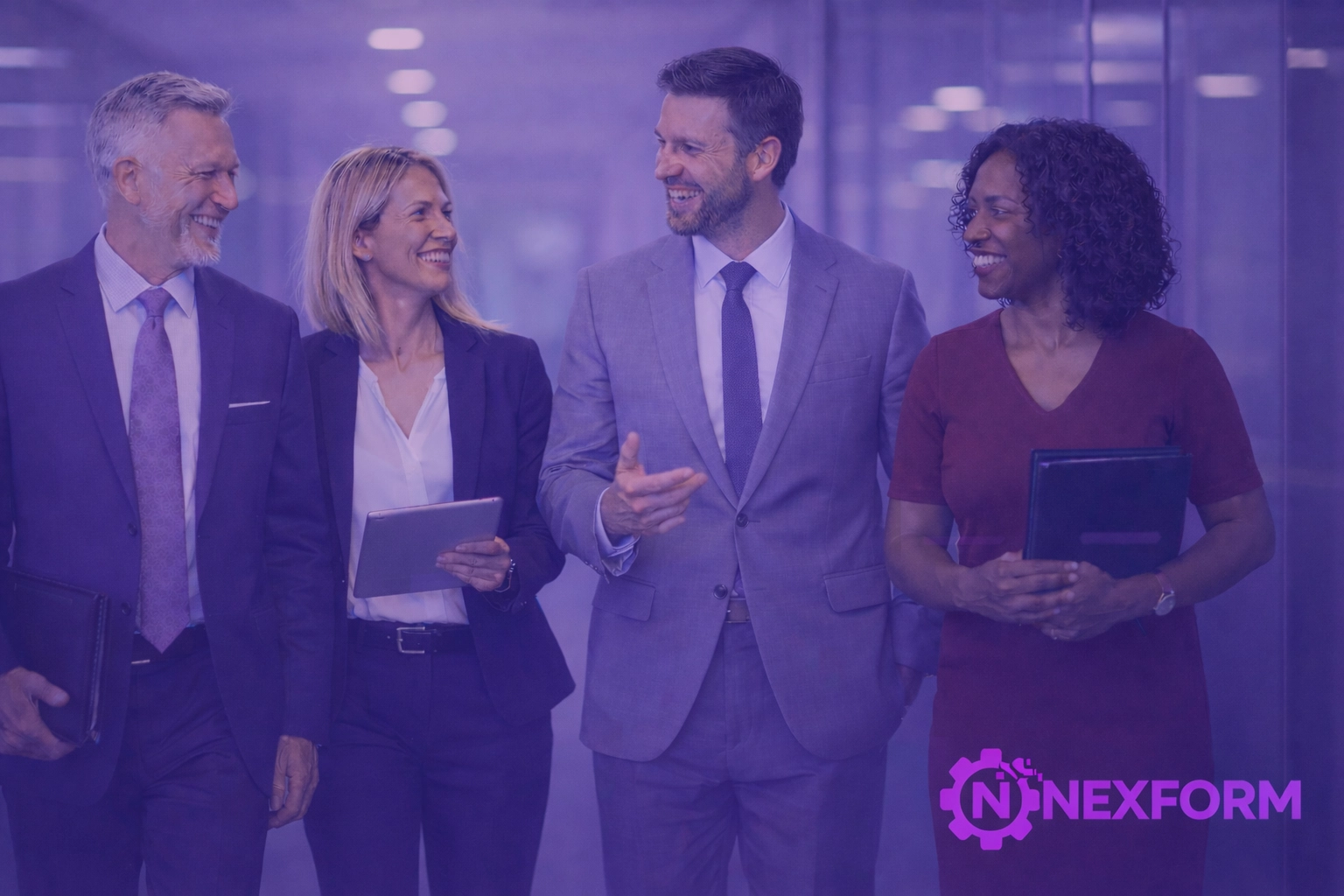 A successful law firm team walking through a modern office after implementing AI automation.