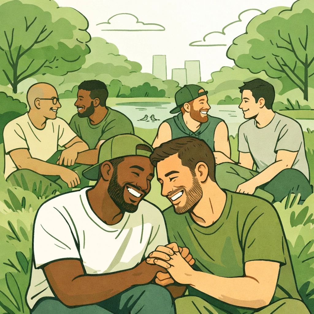A diverse community of men in a park, showcasing the euphoria and belonging found in the LGBTQ+ community.