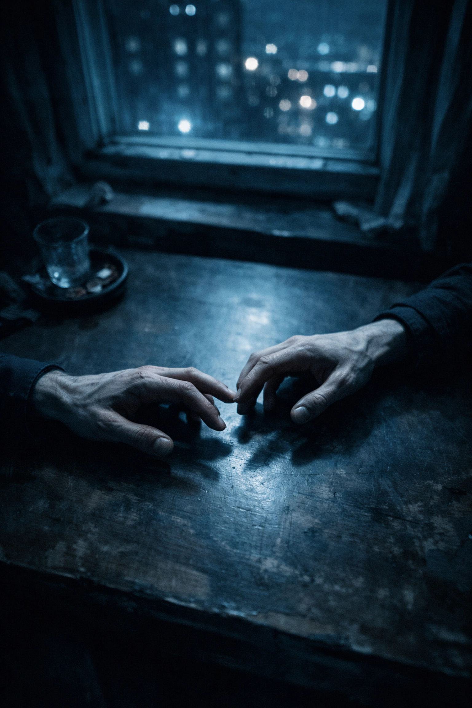 Two men's hands reaching across a table in Moscow apartment depicting forbidden gay romance and secret love