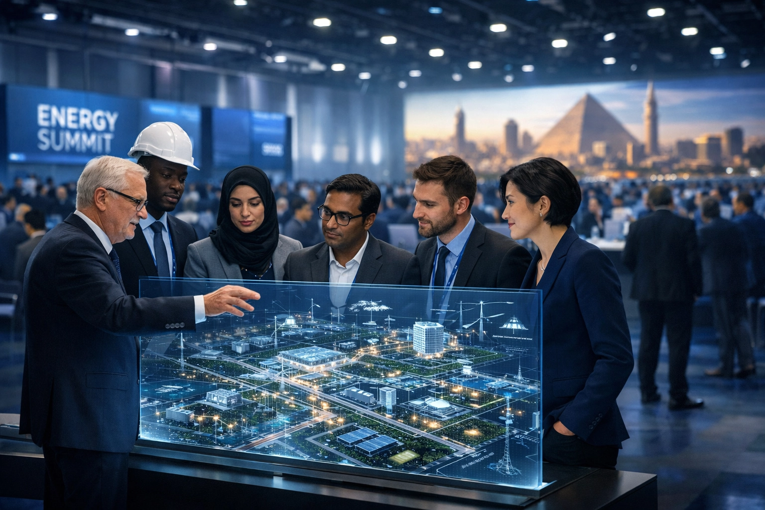 Engineers at EGYPES 2026 discussing energy transformation and infrastructure solutions.