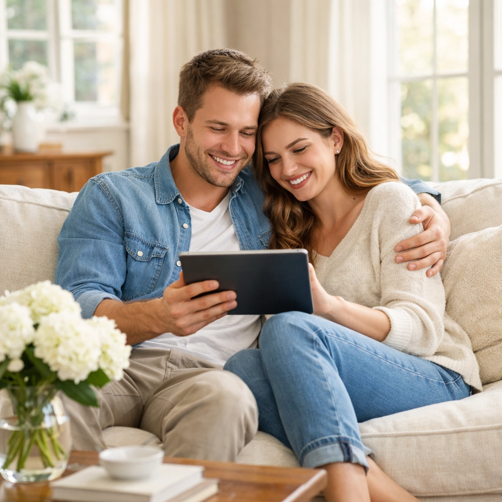 A happy couple uses a tablet to plan their debt-free wedding via online RSVPs.