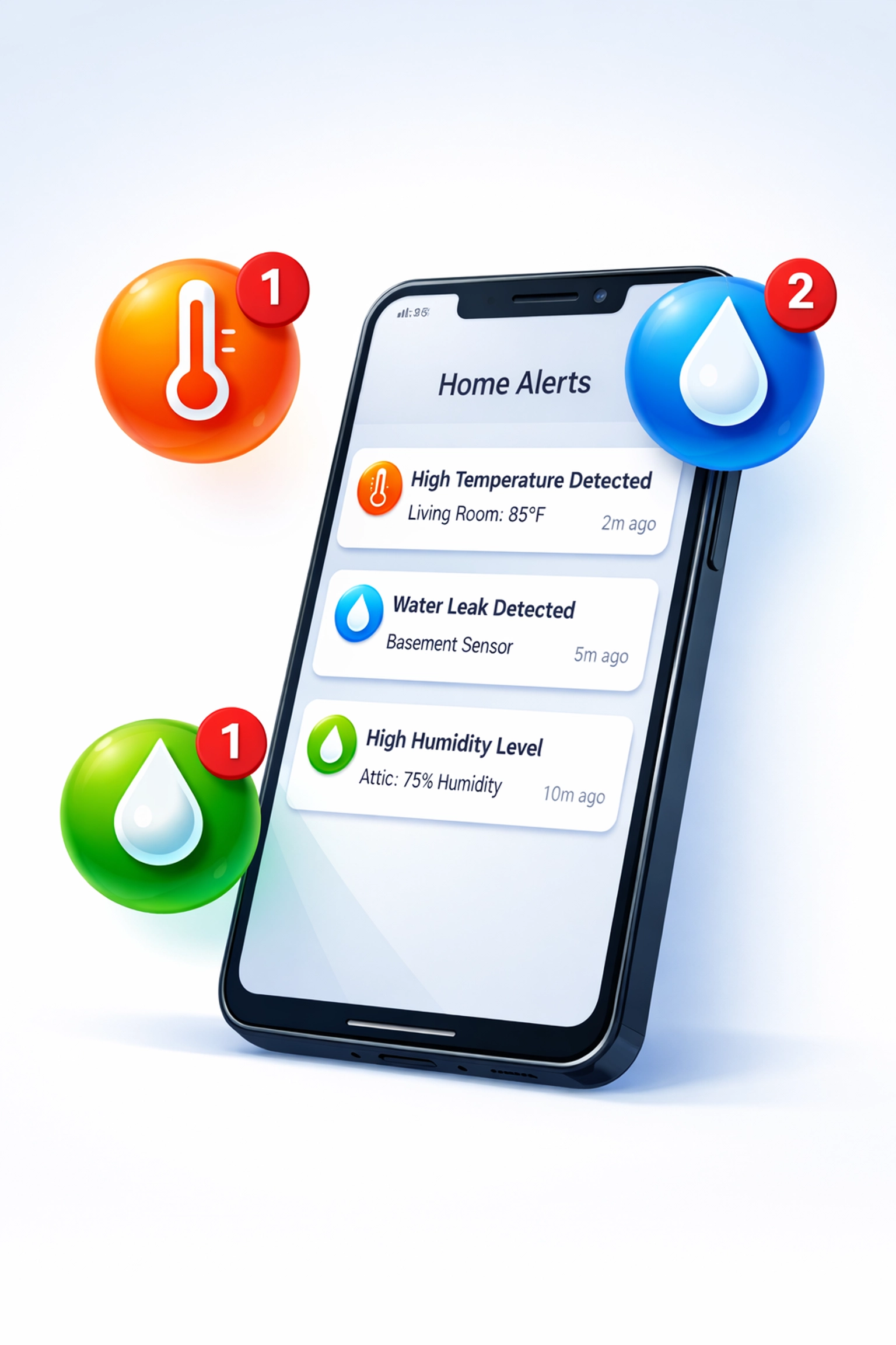 Smartphone displaying remote home monitoring alerts for temperature, water leaks, and humidity