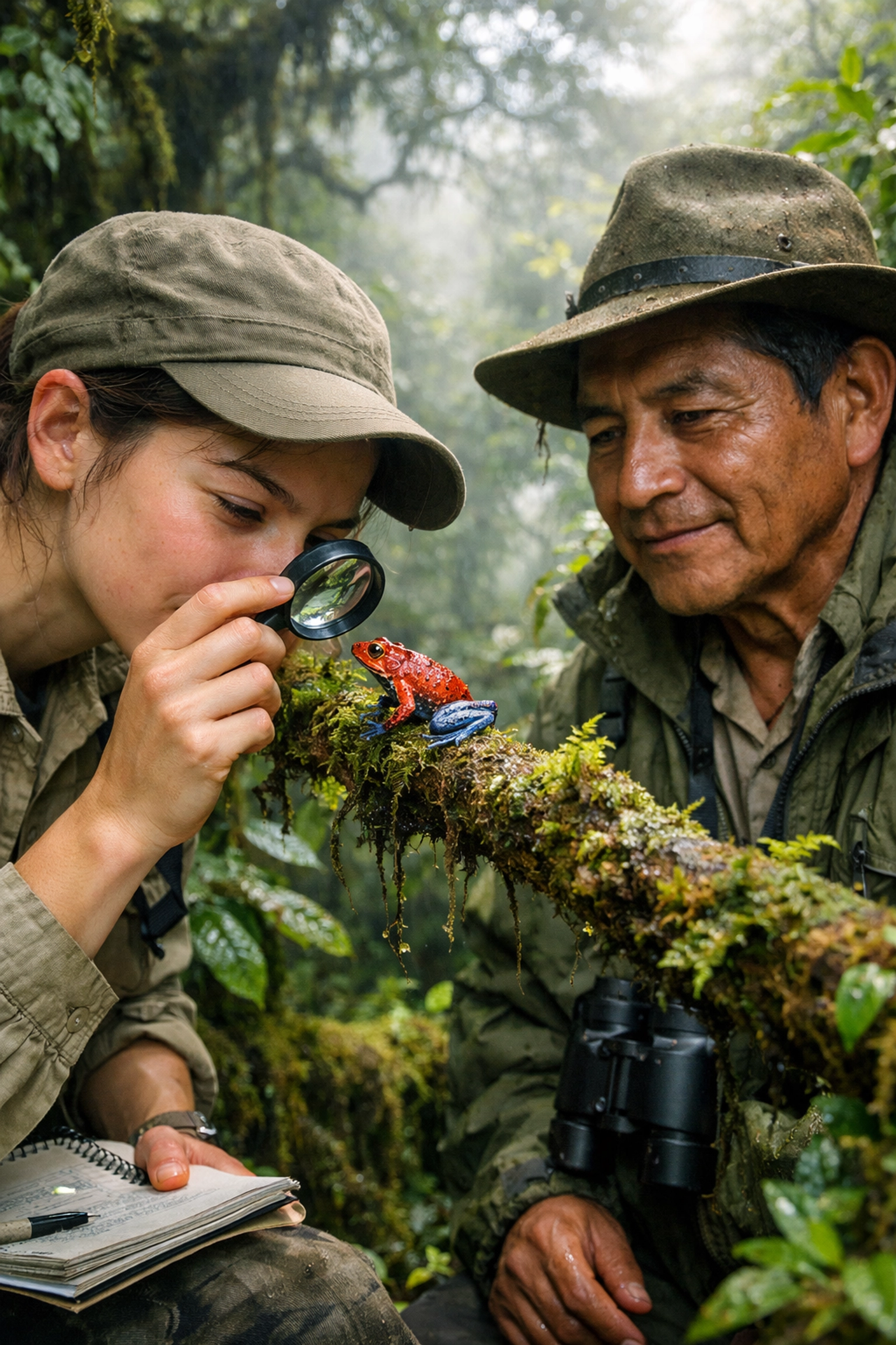 High school student studying biodiversity with a naturalist in a Peruvian cloud forest.