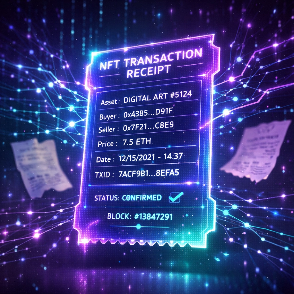 NFT receipt blockchain transaction record with permanent on-chain verification data