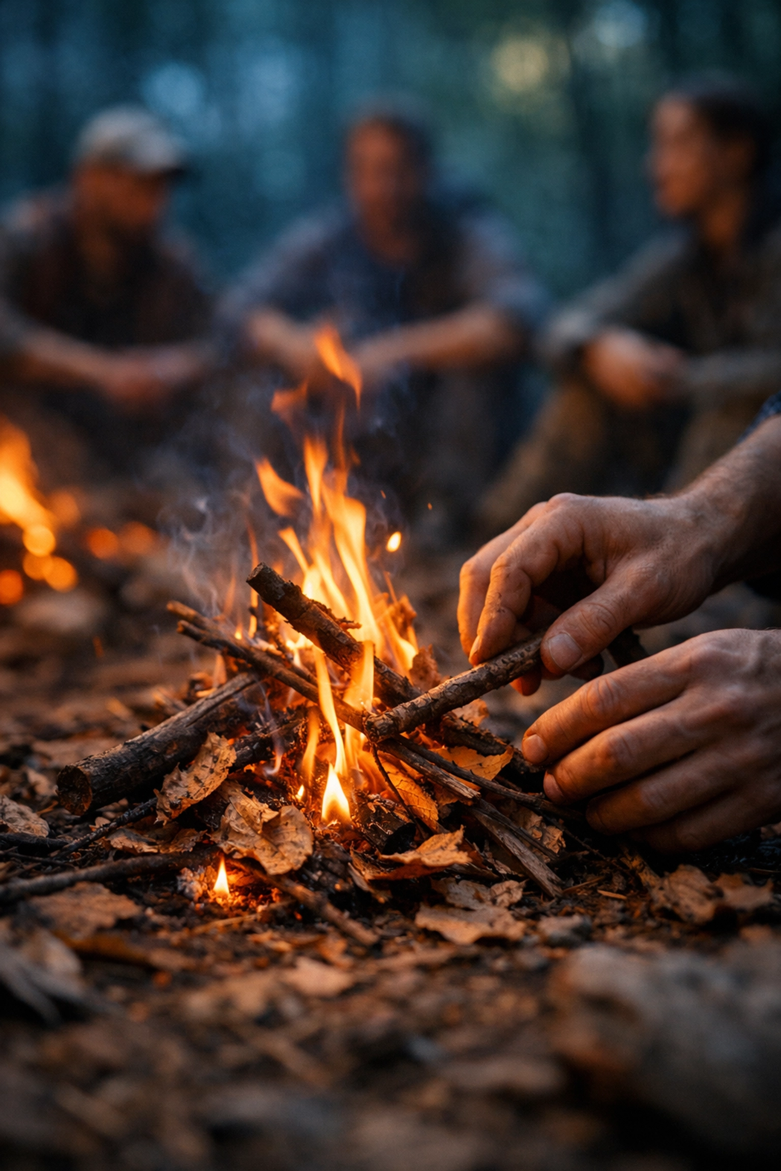 Team members building campfire together during bushcraft team building experience