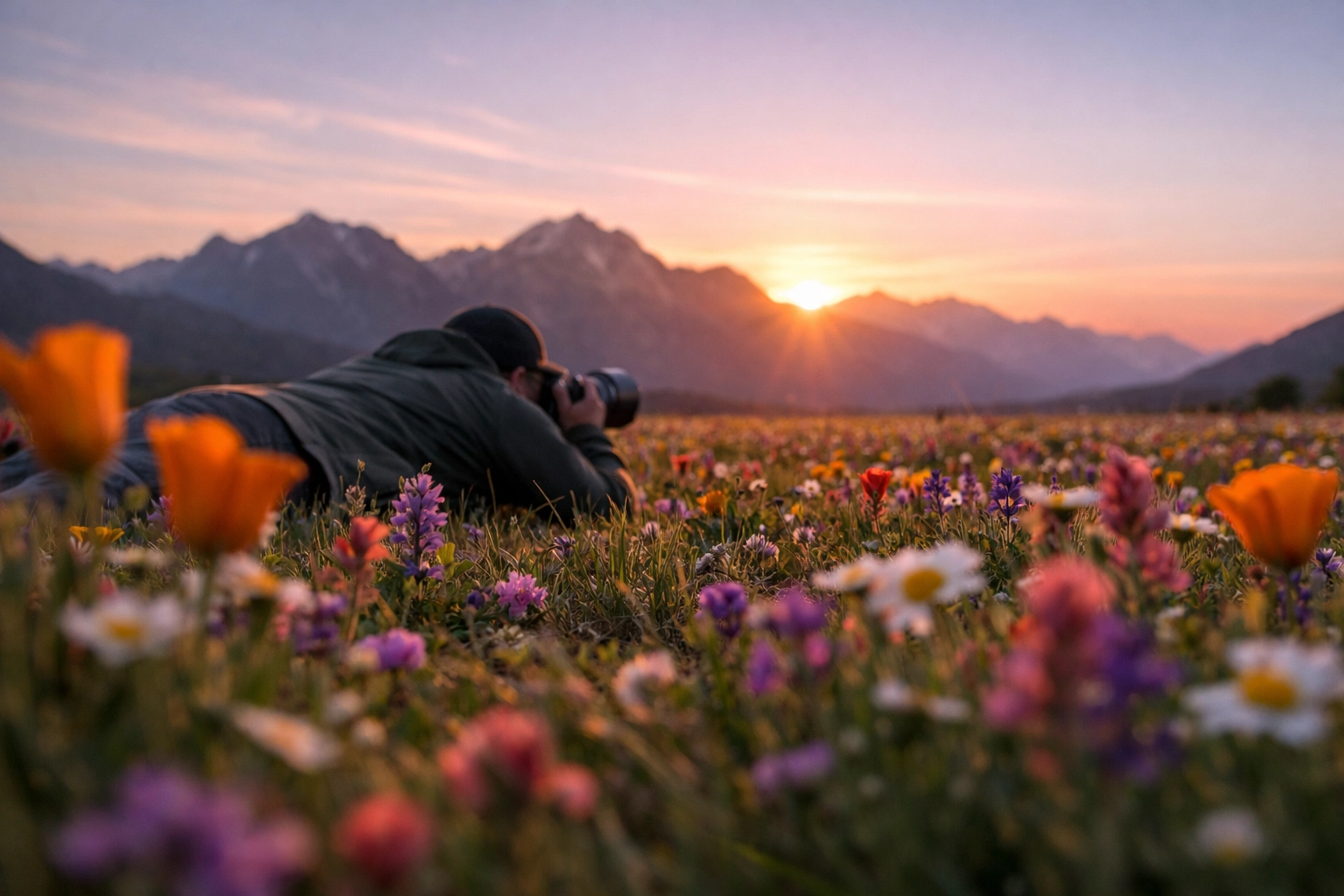 A photographer practicing creative composition tutorials by shooting a low angle in a flower field.