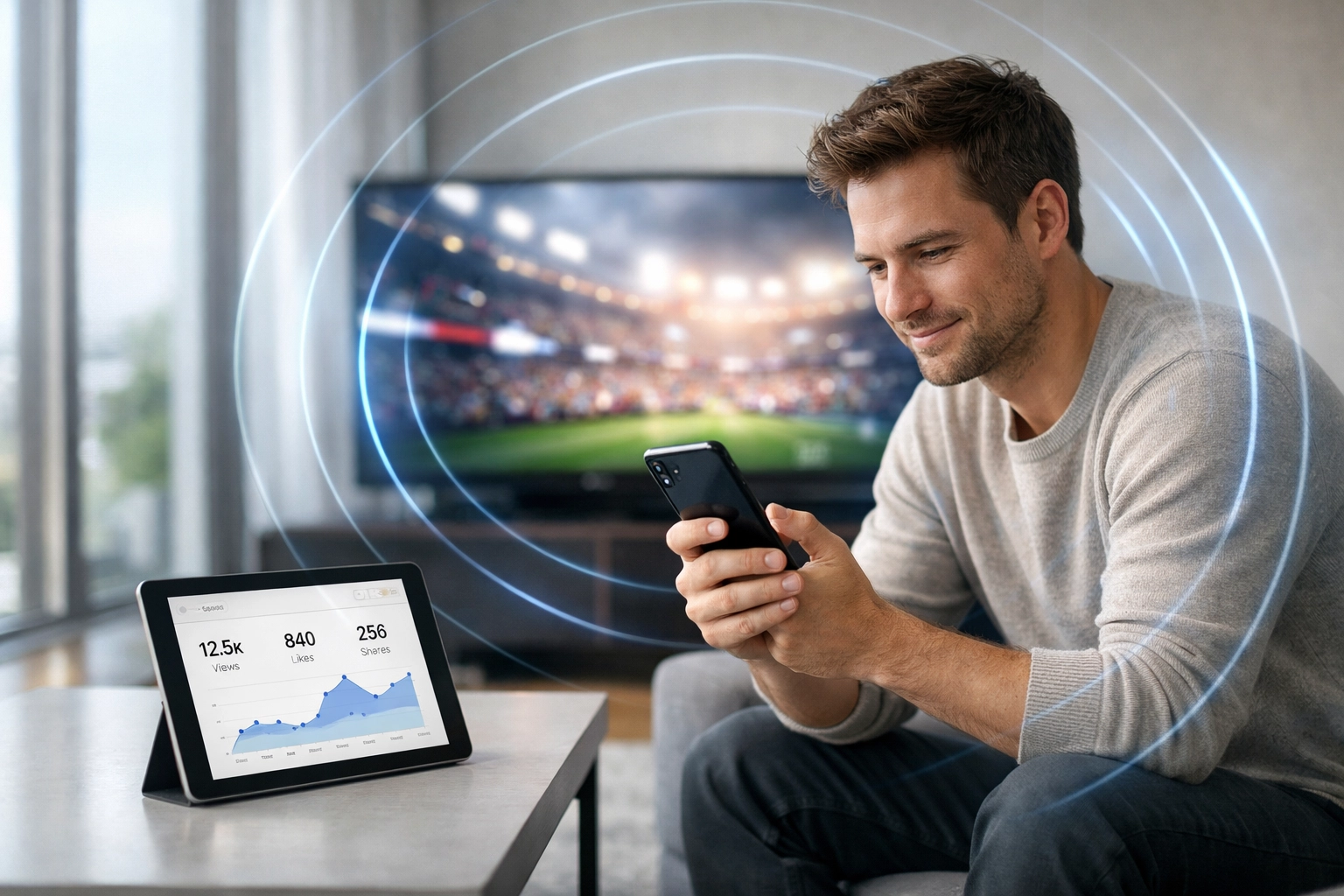 User engaging with a multi-platform sports media strategy via smartphone, tablet, and television.