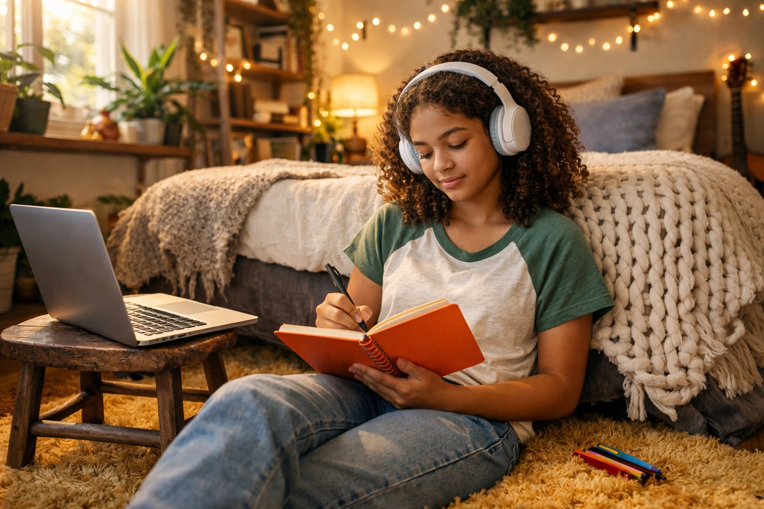 A neurodivergent teen using noise-canceling headphones in a cozy, ADHD-friendly study space.