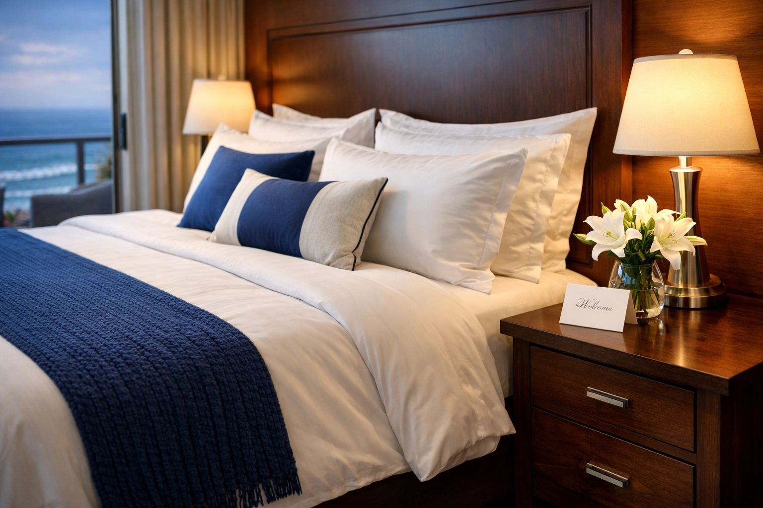 A professionally staged king bed with crisp linens in a luxury San Diego coastal vacation rental.