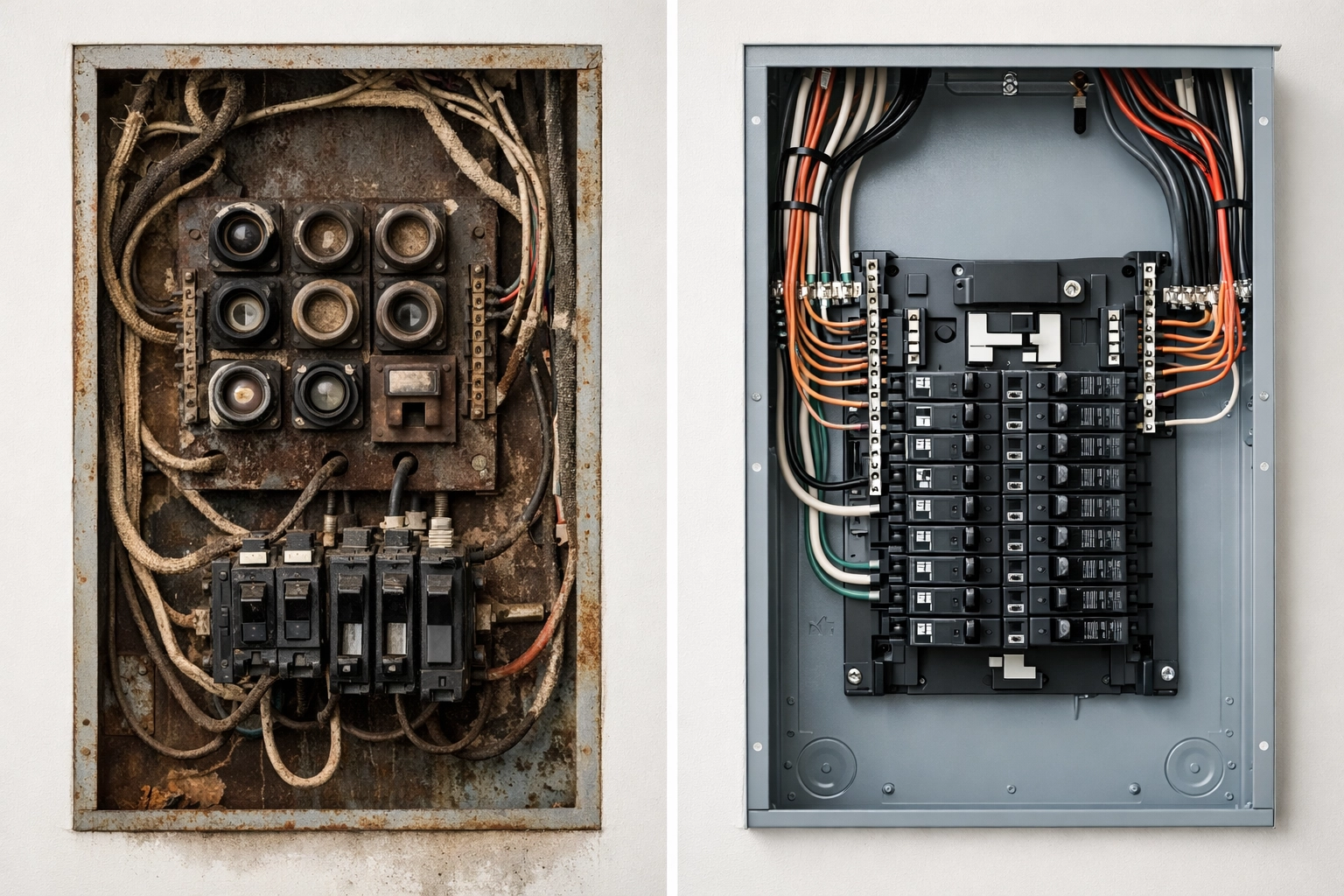 Old outdated electrical panel compared to new modern panel upgrade in Portland Maine home
