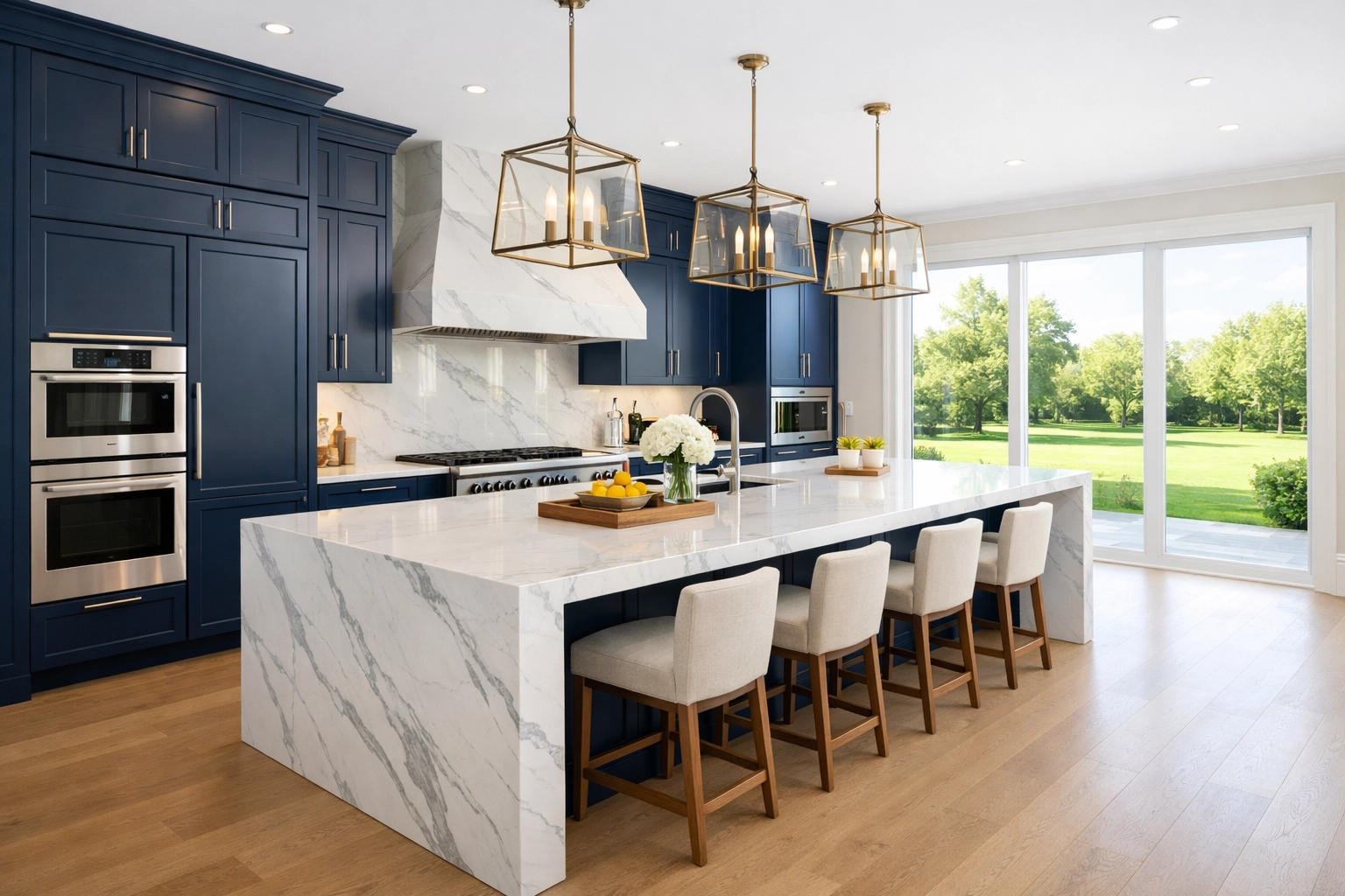 Immaculate luxury kitchen in a Hamilton estate with spotless marble surfaces and navy cabinetry.