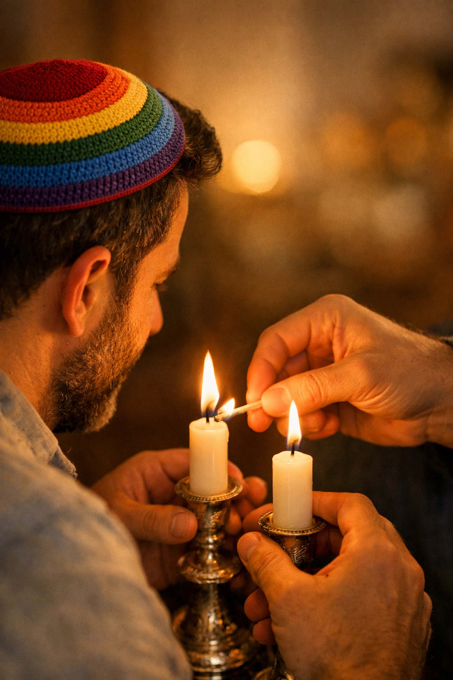Gay men lighting Shabbat candles together while wearing a rainbow kippah, blending Jewish tradition and LGBTQ+ identity.
