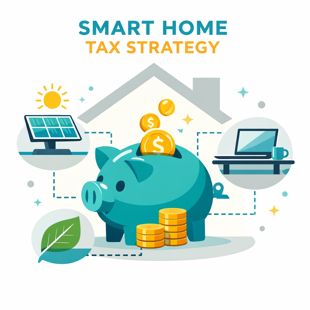 Strategy illustration showing home office and solar energy deductions to maximize tax refund.