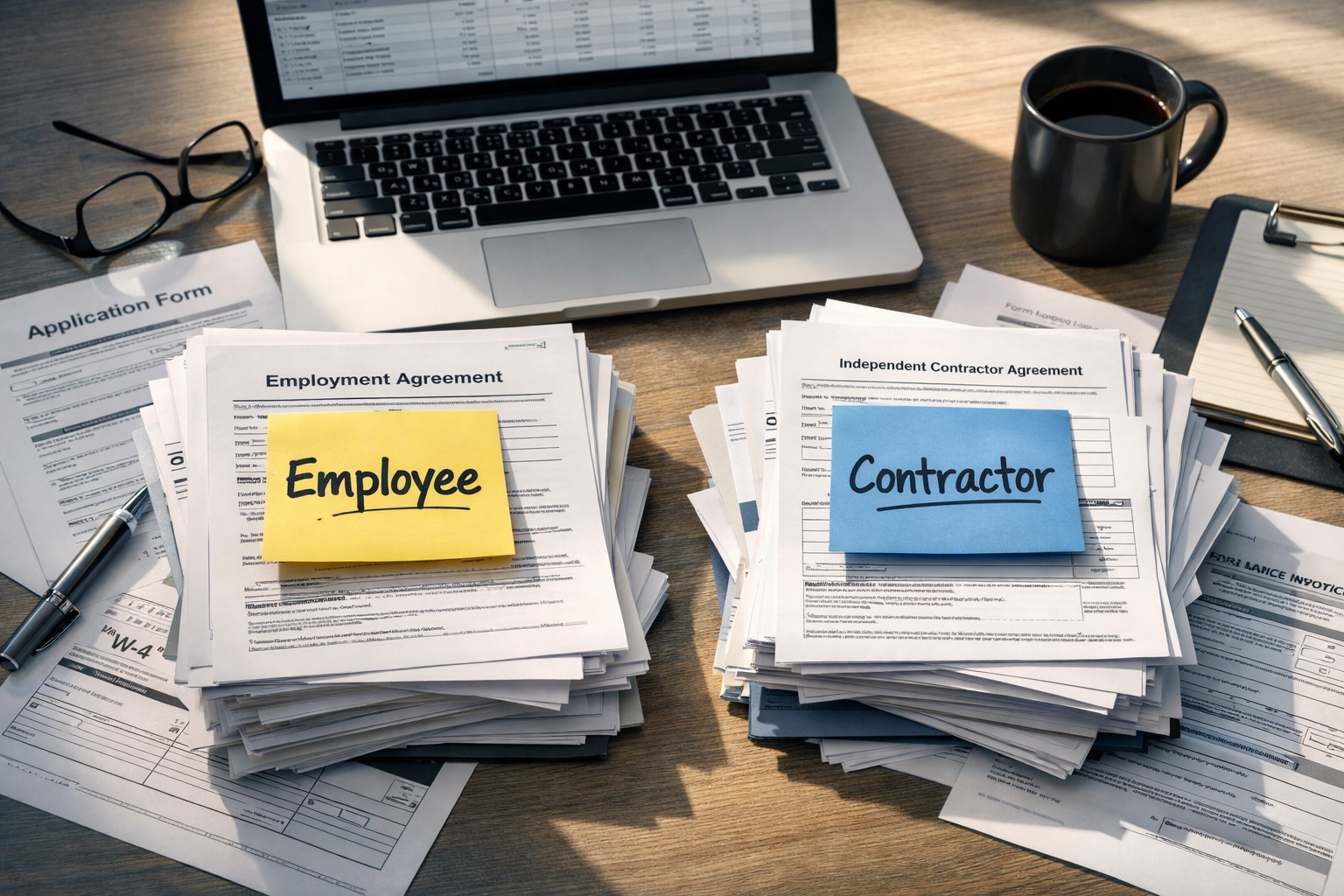 Office desk showing employee vs contractor classification documents for business compliance