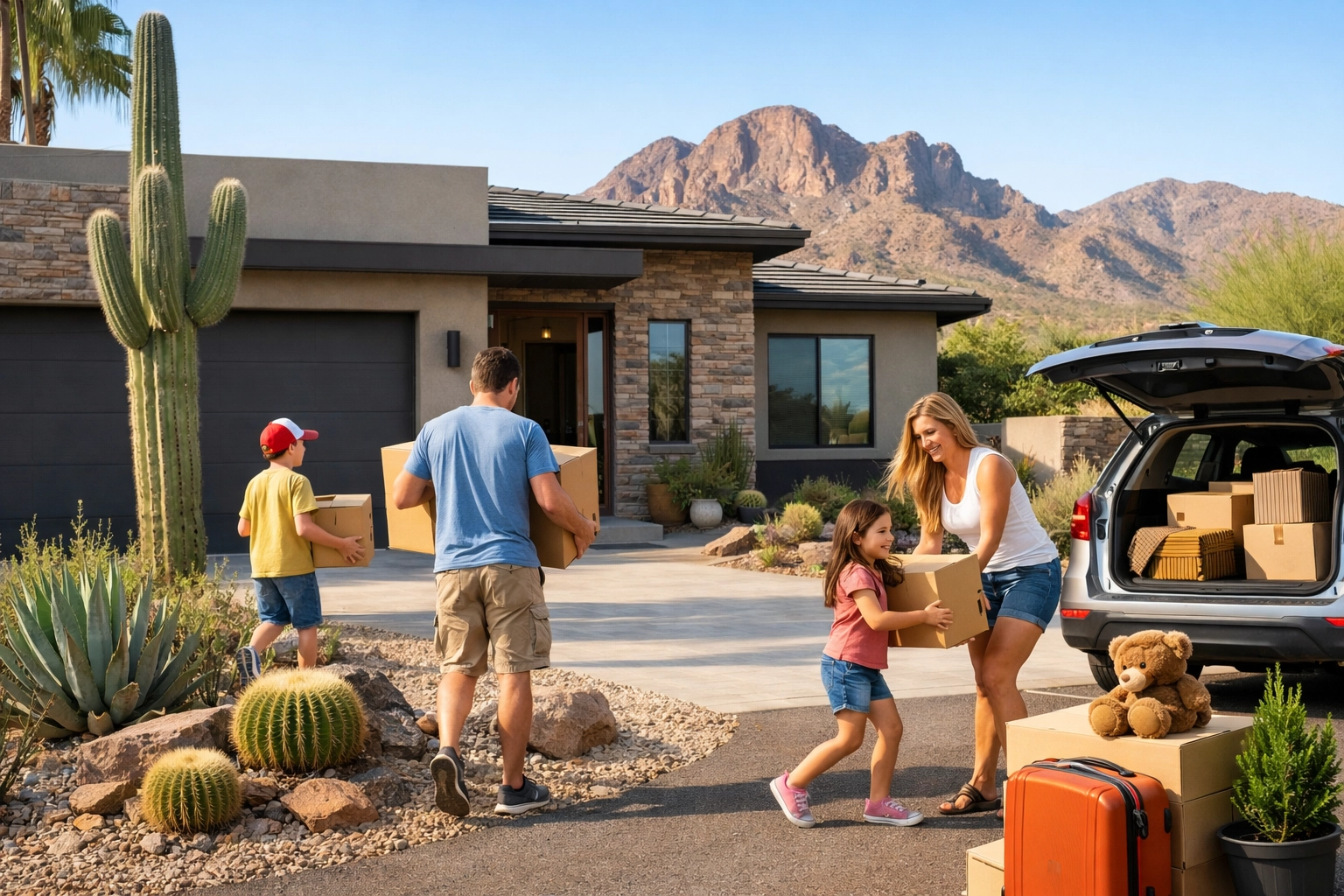 Family moving into new home in Goodyear AZ with desert landscape and mountain views