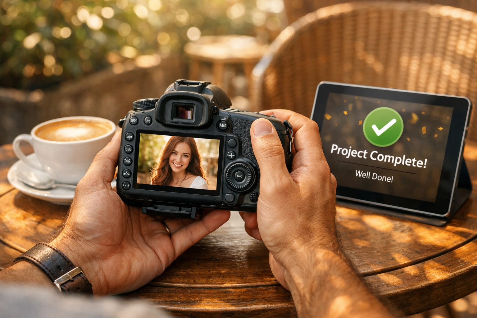 Successful photographer at a cafe reviewing a completed project and secure booking notification.