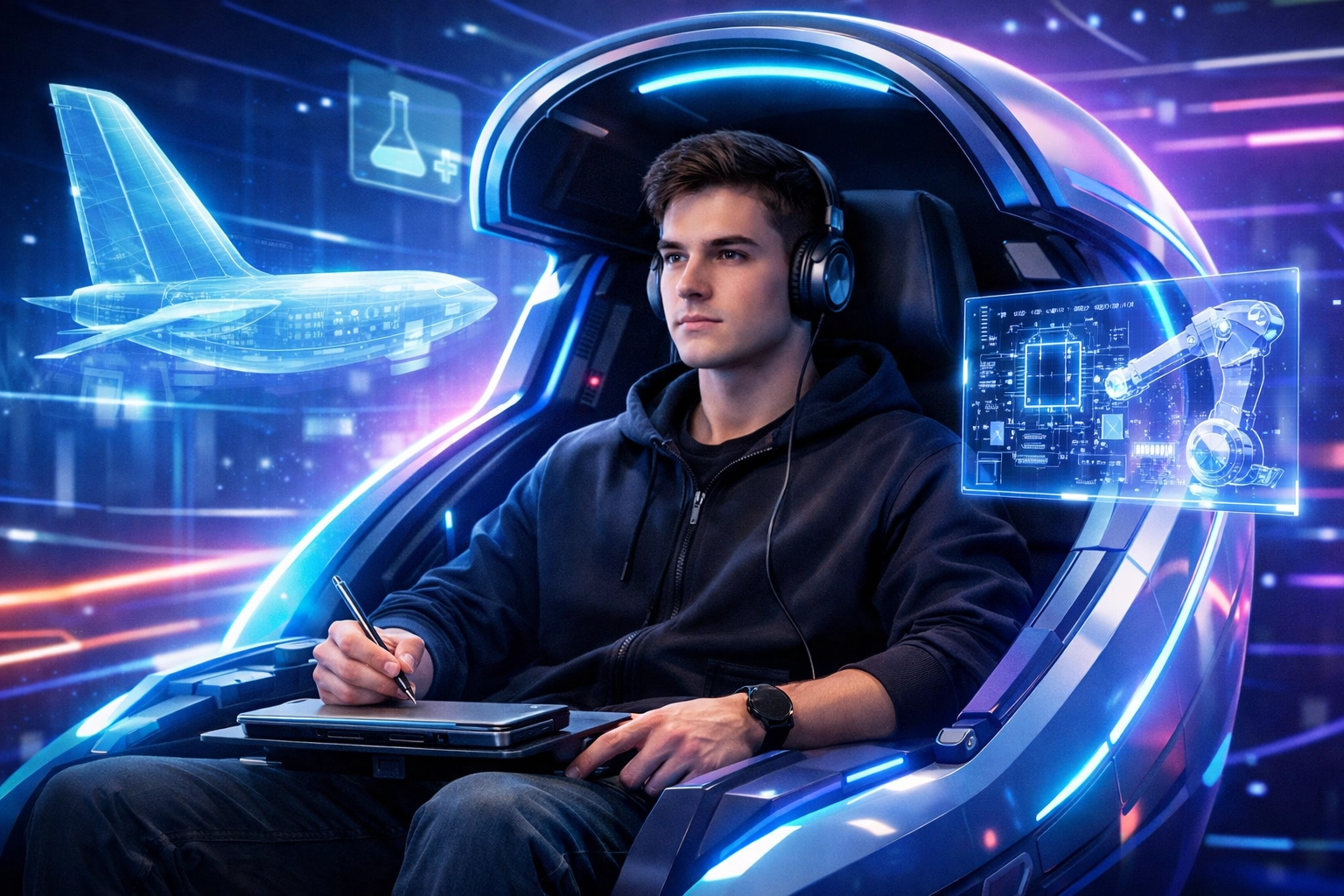 Student in a high-tech EsportsPod simulation station preparing for future careers in technology and aerospace.