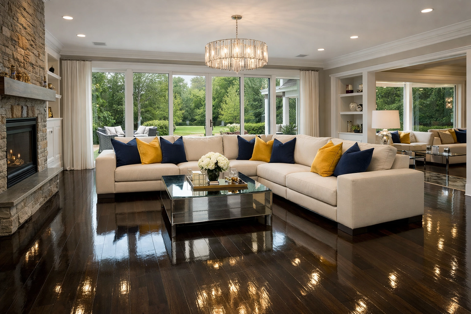 Clean Lynnfield living room featuring polished hardwood floors and furniture after luxury house cleaning.