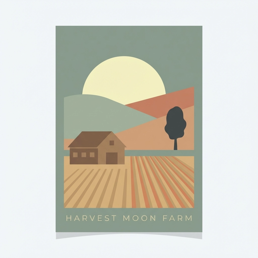Flat illustration of a serene farm landscape at dusk with a rising moon, highlighting traditional lunar farming