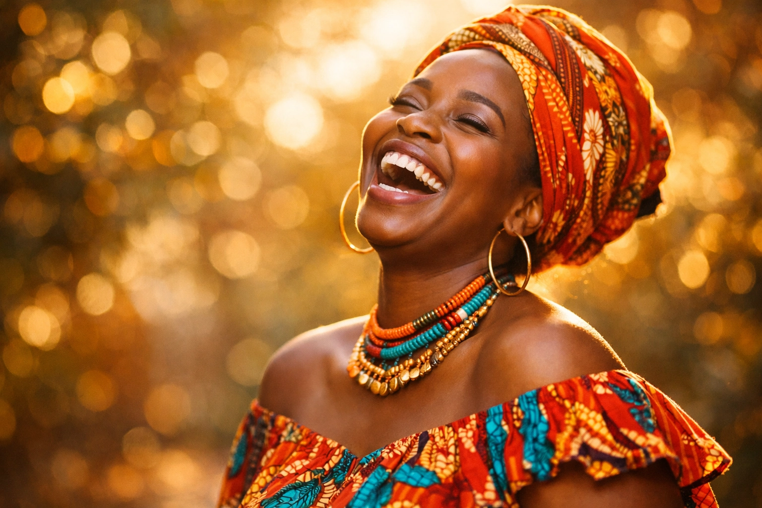 Joyful woman laughing freely after transforming trauma into leadership strength
