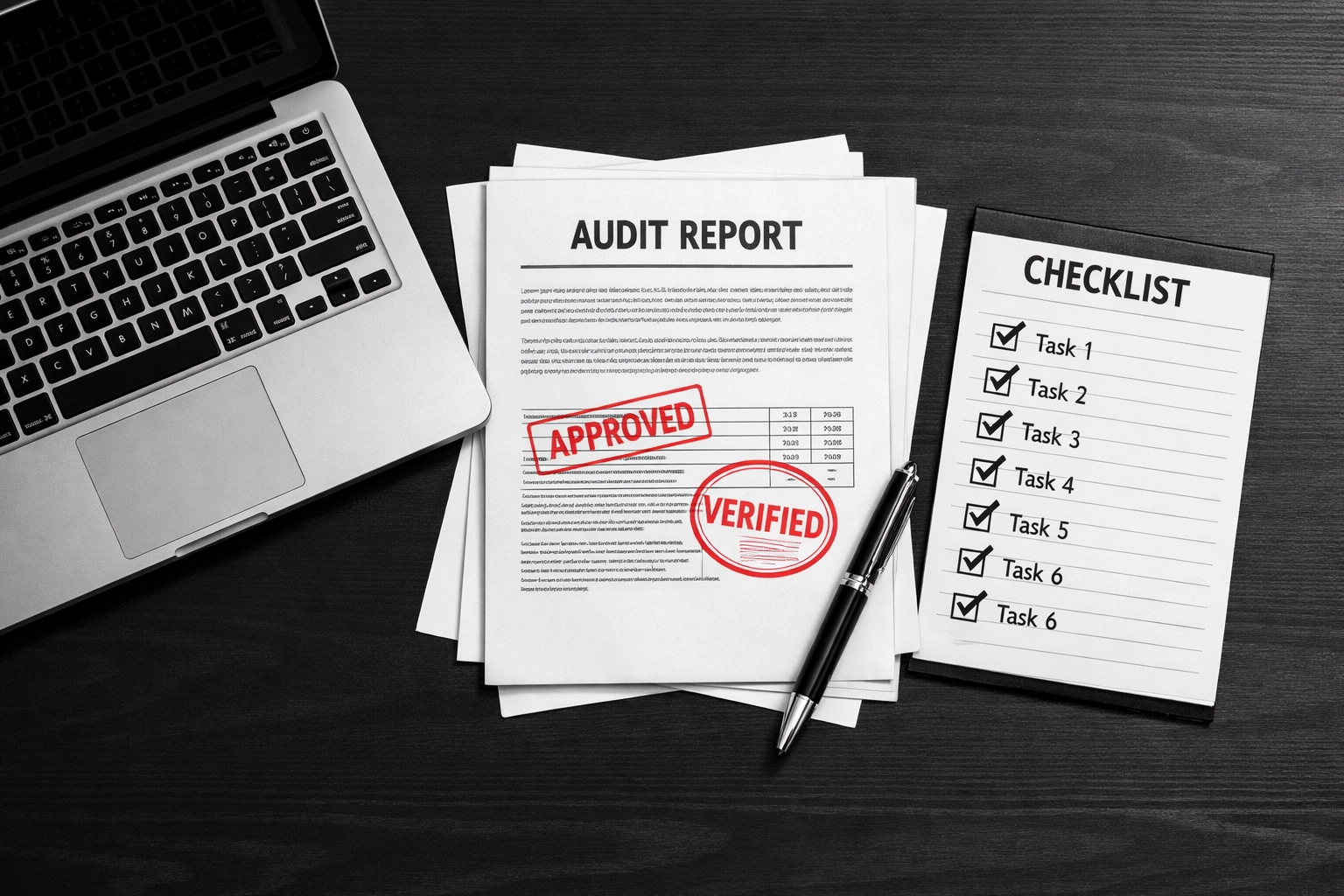 Organized desk with audit documents, verification stamps, and checklist for AI accountability