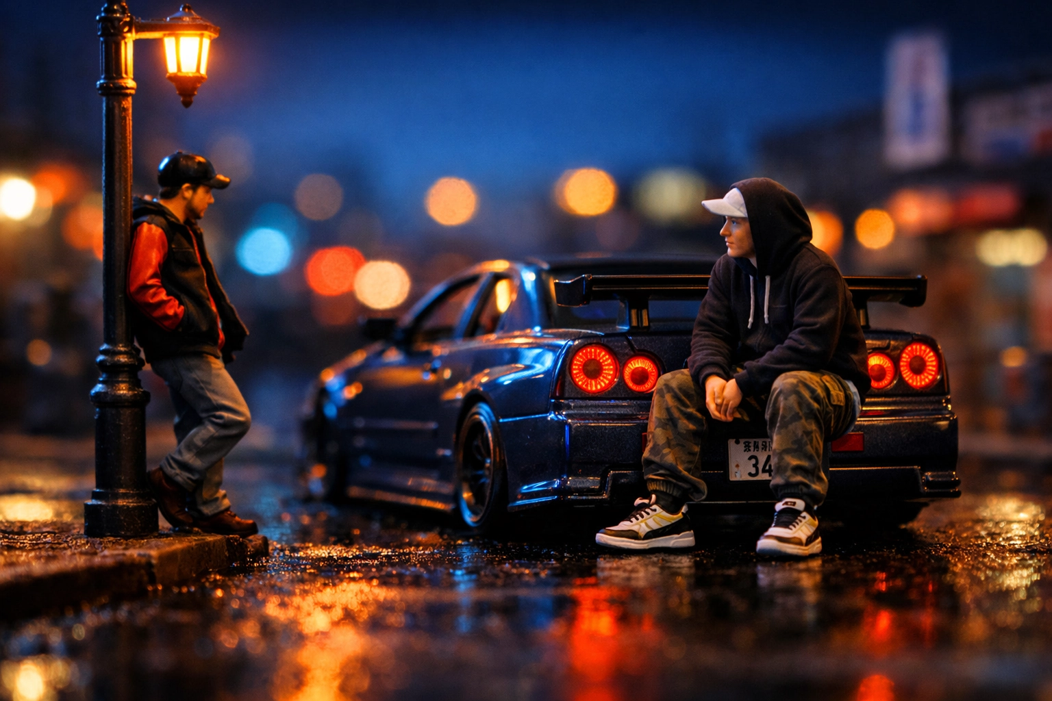 Realistic 1:64 scale urban diorama featuring a miniature figure leaning on a diecast tuner car.