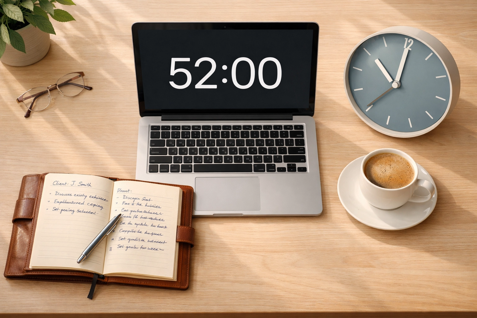 Therapist's desk with session timer and notes for tracking CPT code billing time