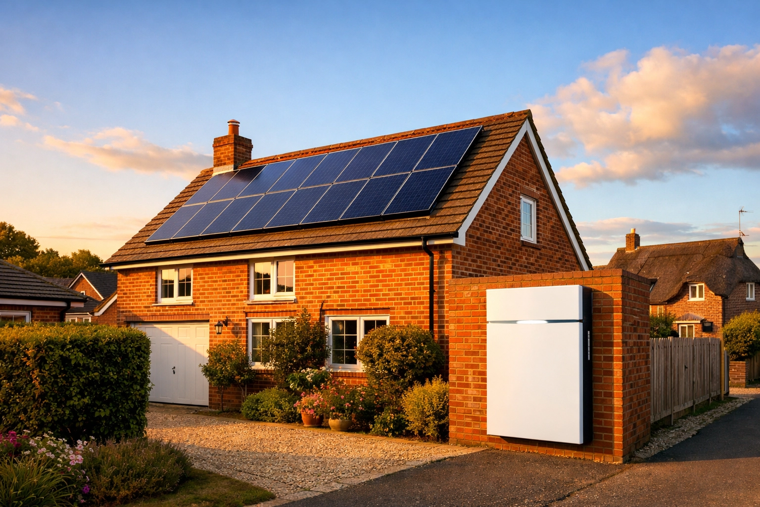 Solar panels and battery storage installed on typical Dorset home roof for energy savings