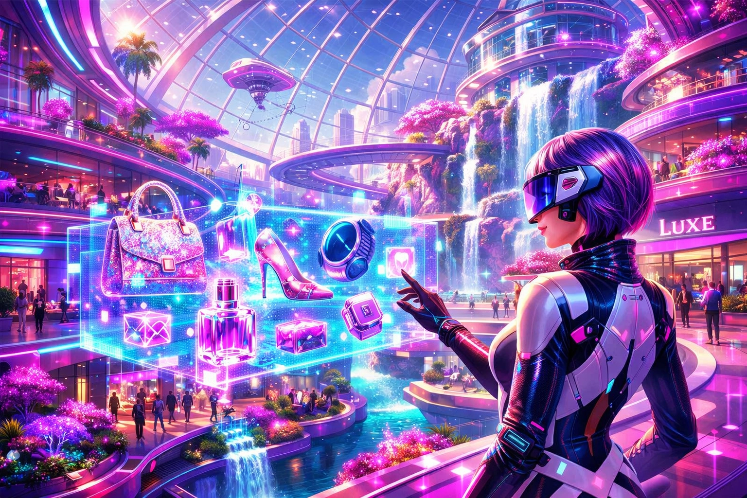 Avatar browsing a virtual reality metaverse mall with AI-powered Web3 payment integration.