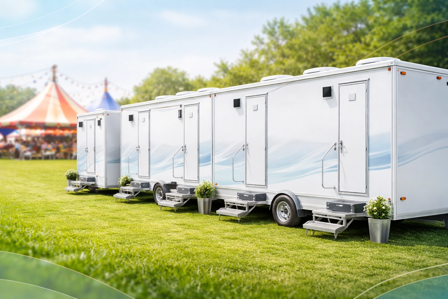Row of modern portable restroom trailers at an outdoor church festival with event tents in the background