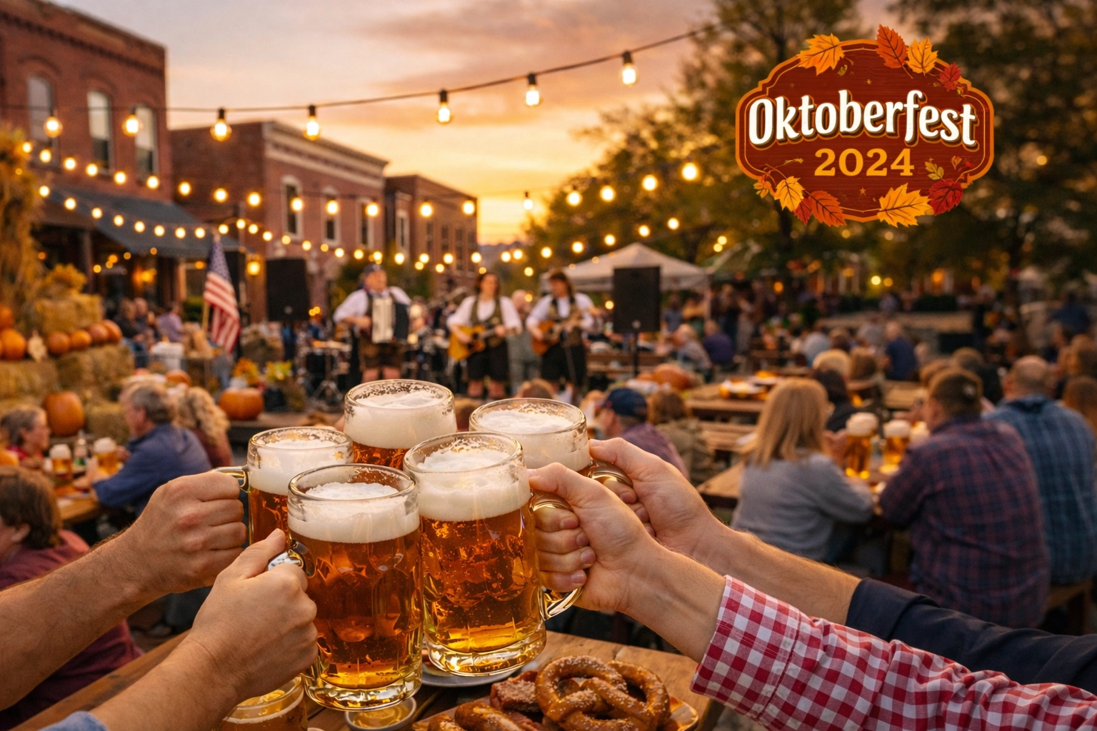 People celebrating at Summerville Oktoberfest with beer steins and fall decorations downtown