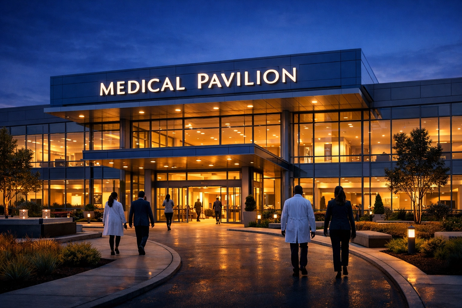 Exterior of a modern, profitable medical practice pavilion representing financial stability.
