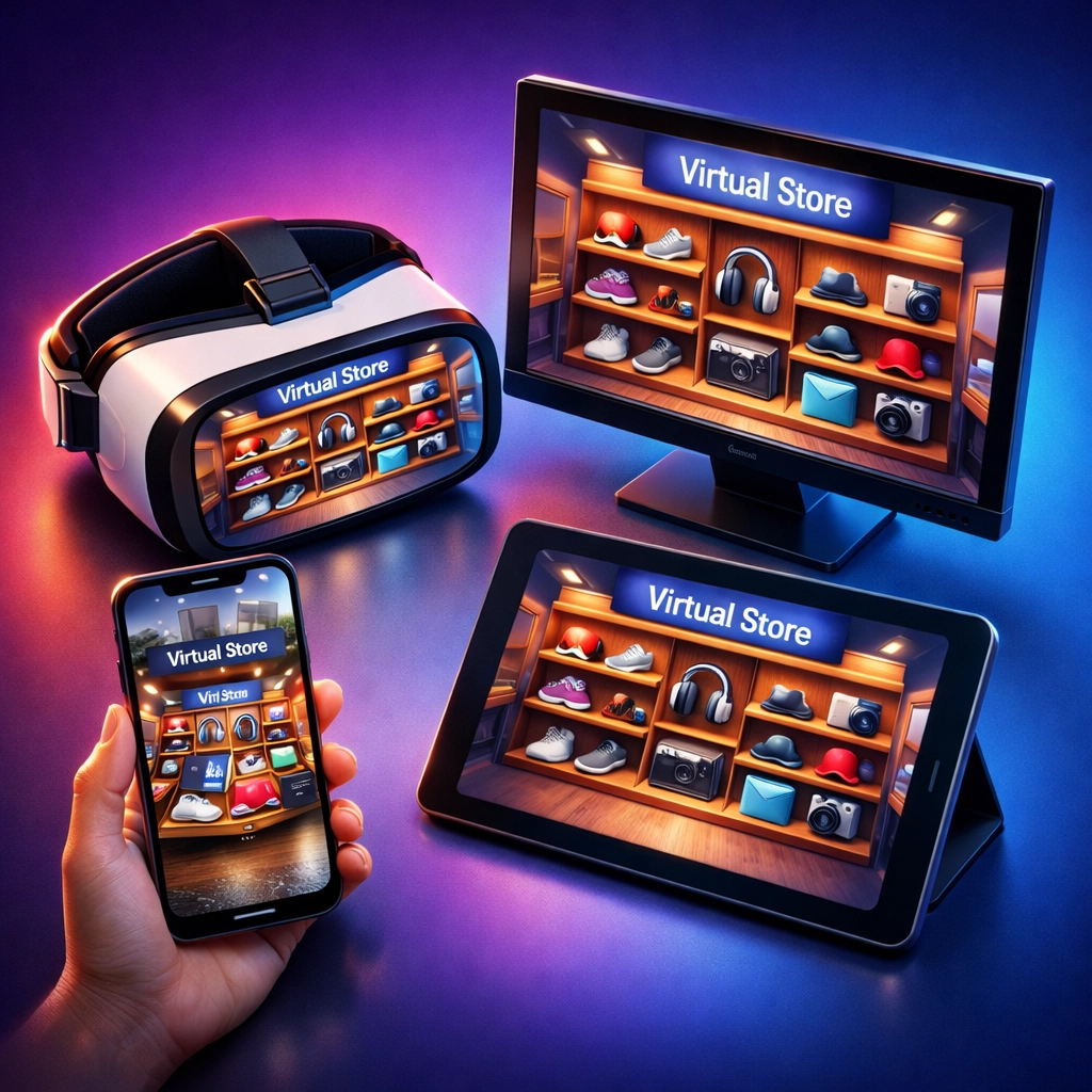 Cross-platform metaverse storefront displayed on VR headset, phone, tablet, and desktop