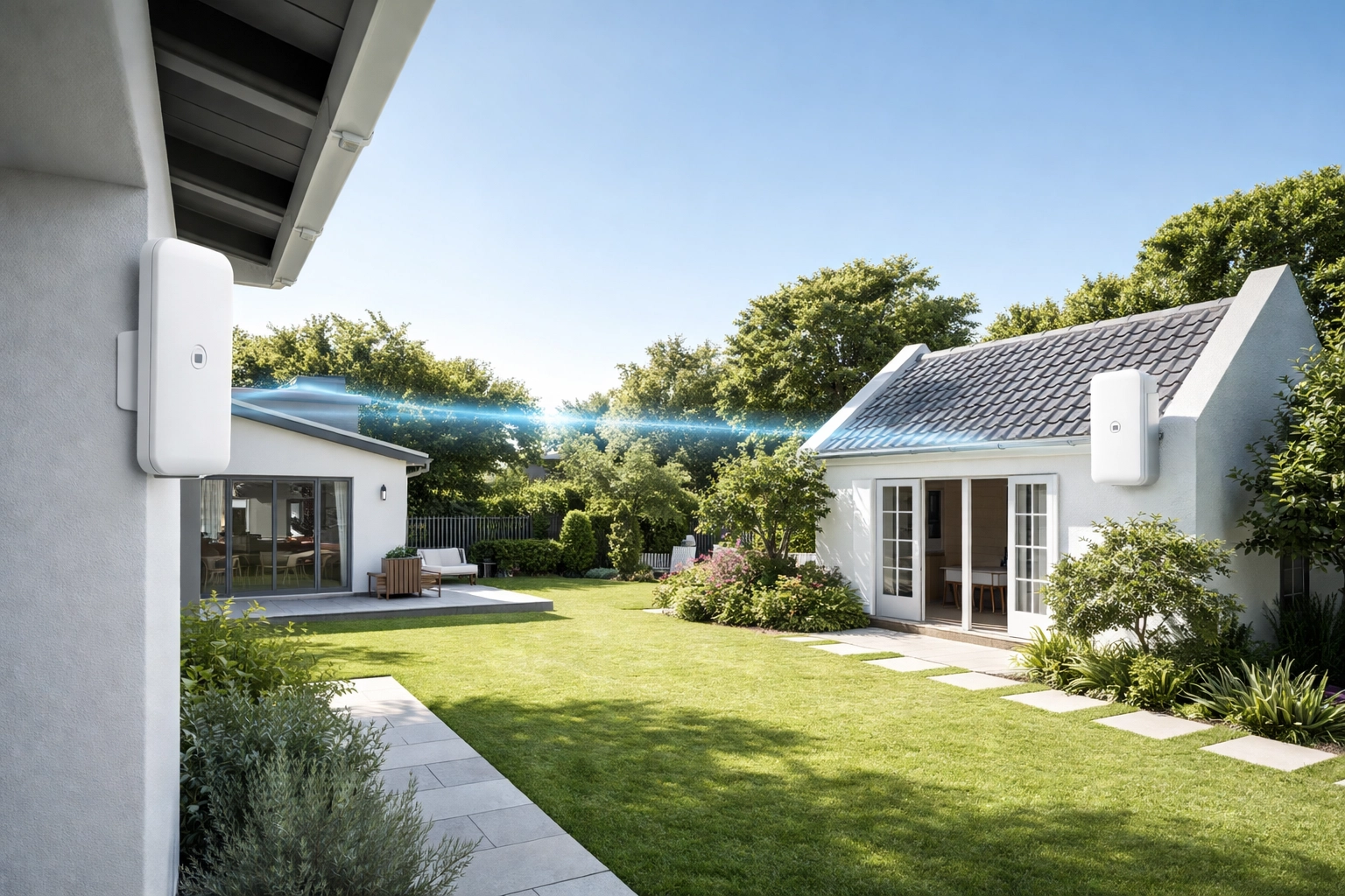 Ubiquiti wireless bridge devices mounted on a main house and garden cottage in Brackenfell, Cape Town