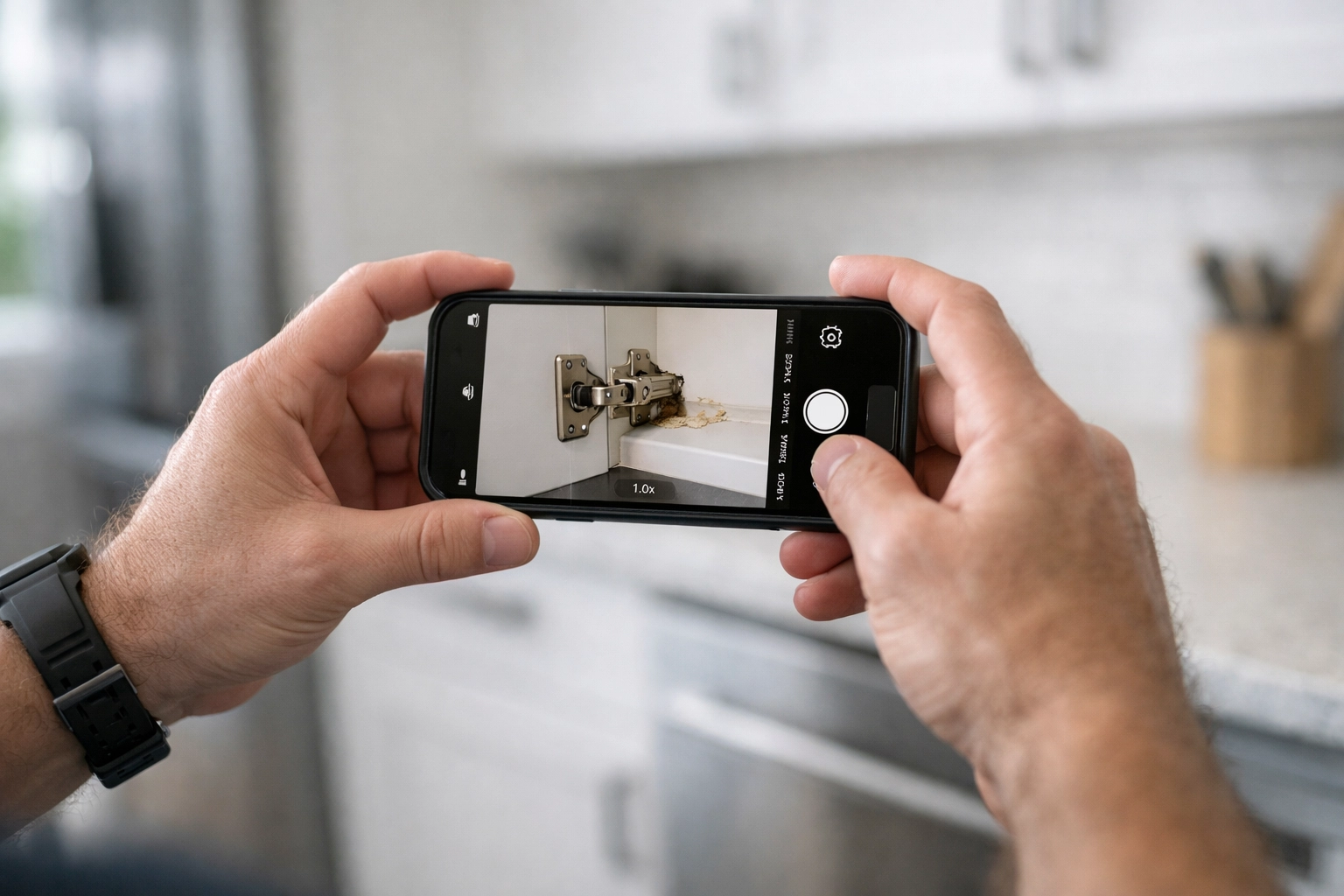 Maintenance coordinator documenting apartment repairs with smartphone for faster approval