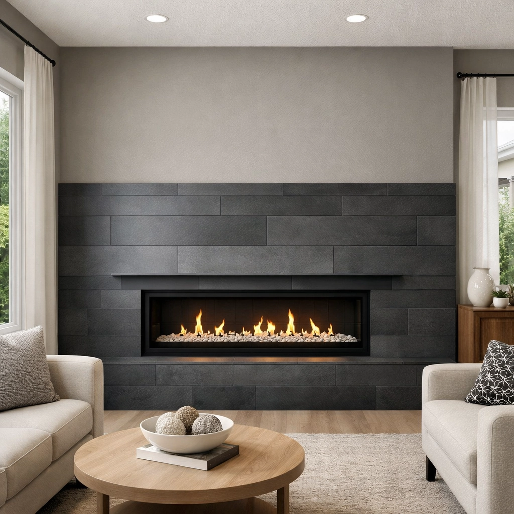 Modern Orlando living room with gray accent wall and contemporary tile fireplace surround
