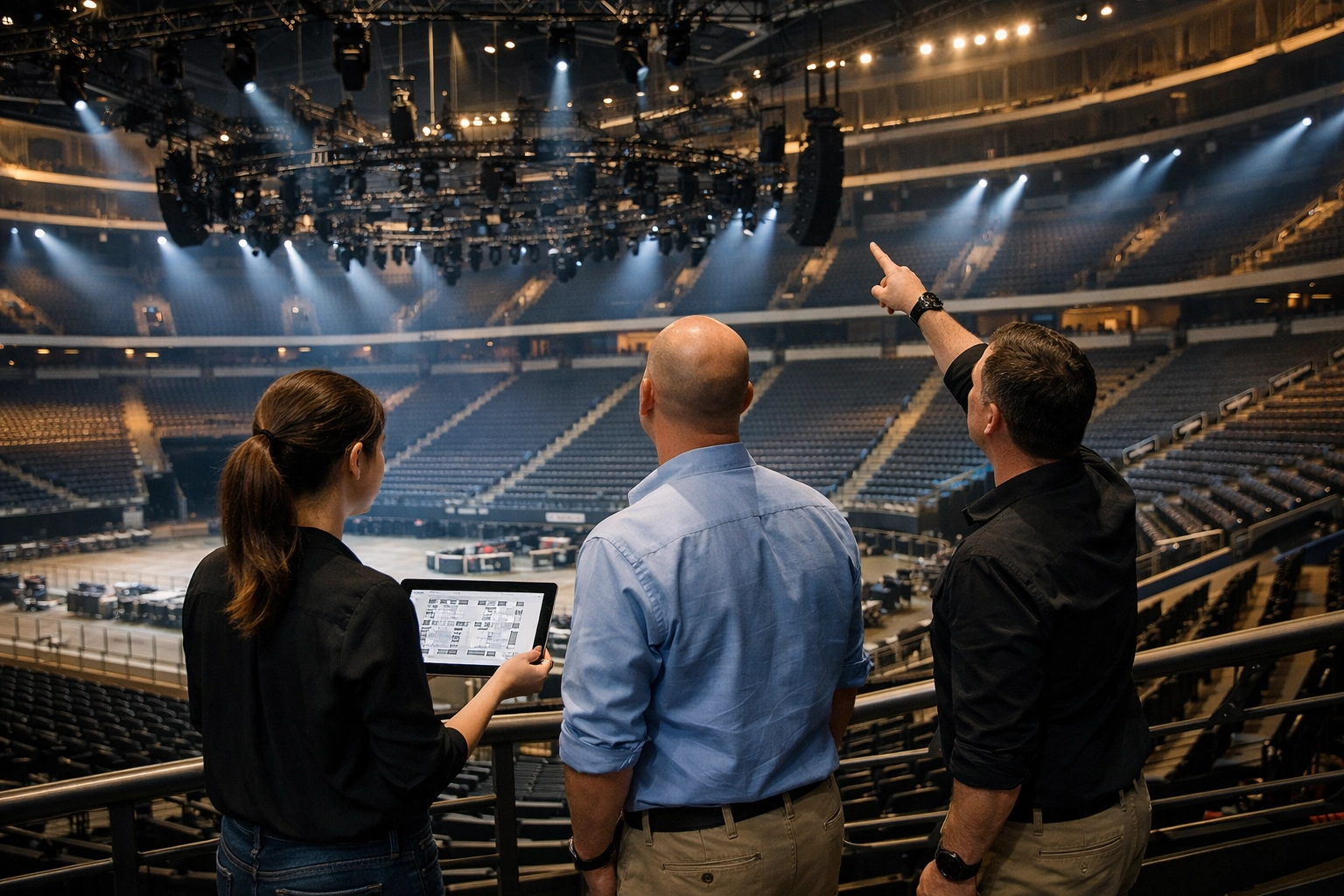 Production team conducting venue assessment in sports arena for live event planning